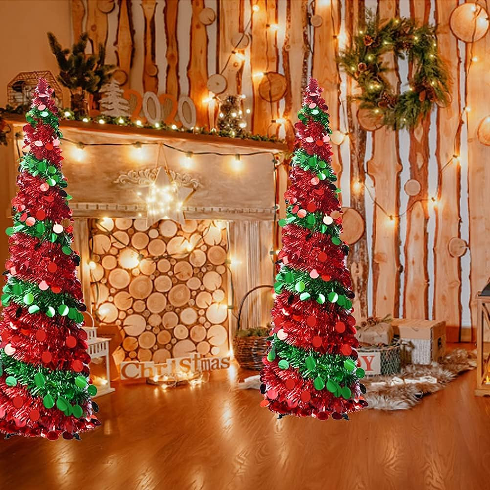 5 Foot Collapsible Pop up Sequin Artificial Pencil Christmas Tree Tinsel Slim Halloween Xmas Tree Tall Skinny Tree with Plastic Stand, Decorations for Home Fireplace Party Indoor Outdoor (Green& Red)