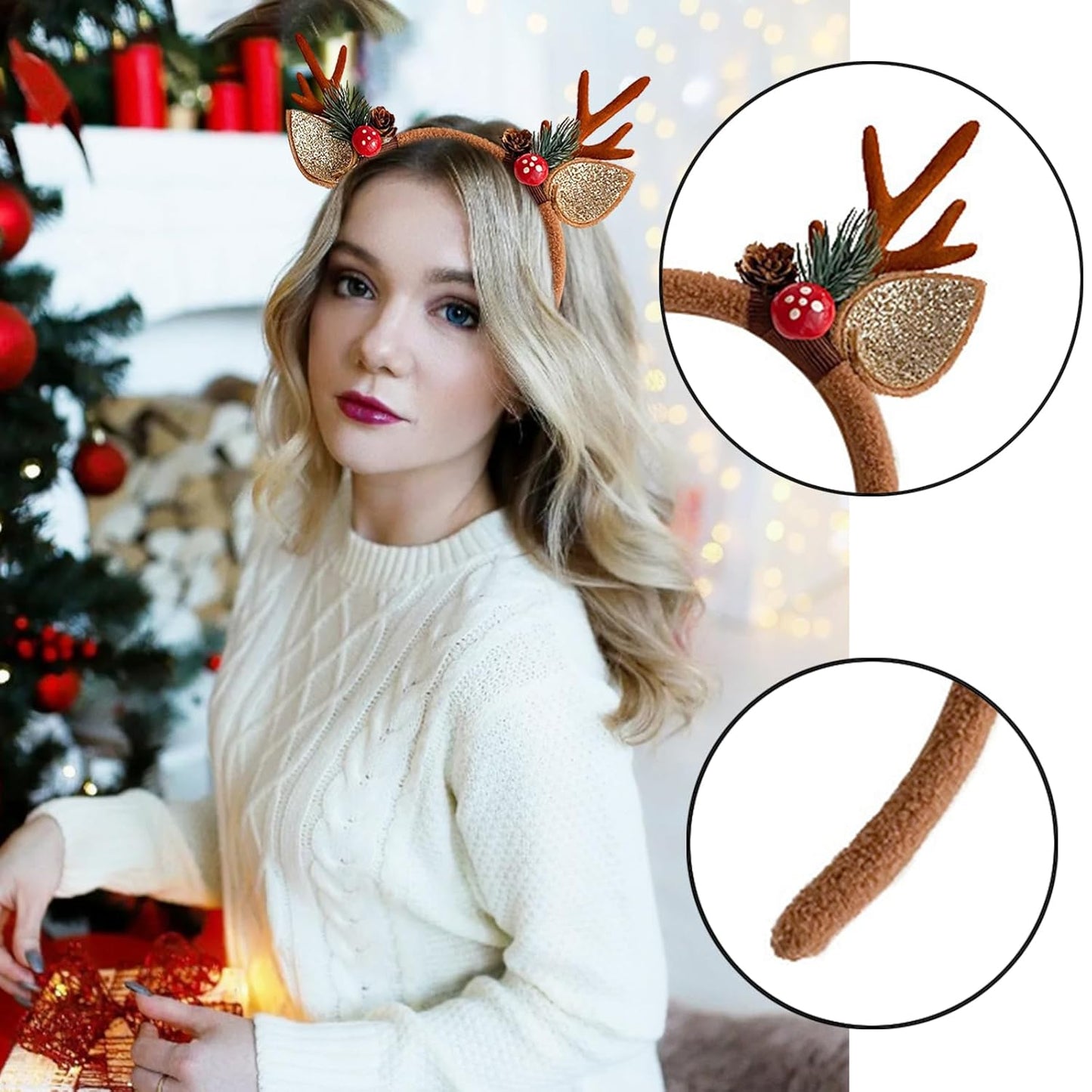 Deer Antler Headband Brown Reindeer Antlers with Mushroom Pine Branches - Christmas Hair Hoop, Deer Ears Animal Fluffy Headpiece Accessories for Christmas Halloween Makeup Party (1 Pcs)