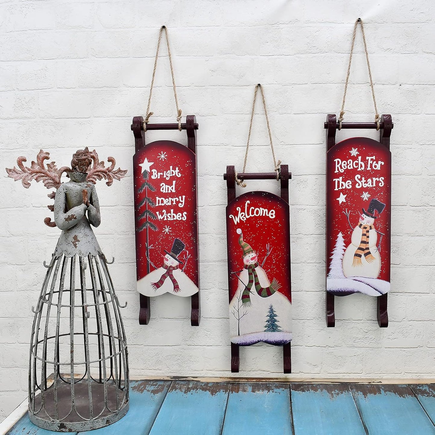 Christmas Sled Decoration Wooden Snowman Welcome Sign Xmas Sleigh Wall Decor Outdoor Hanging Santa Sleigh Rustic Christmas Porch Decor Snowman Wooden Decor Winter Festive Holiday (B)