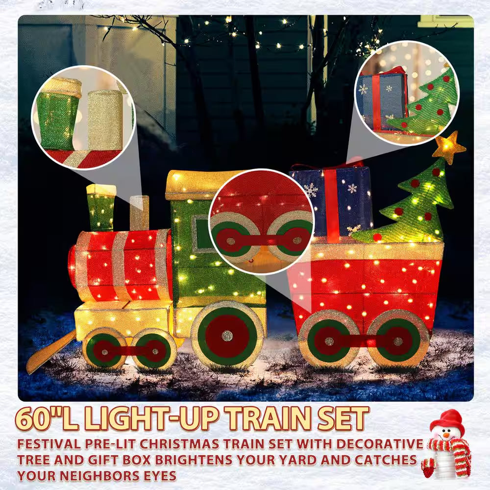 5 Ft. Train Set Outdoor Holiday Yard Decoration Warm White LED with Christmas Tree and Gift Box