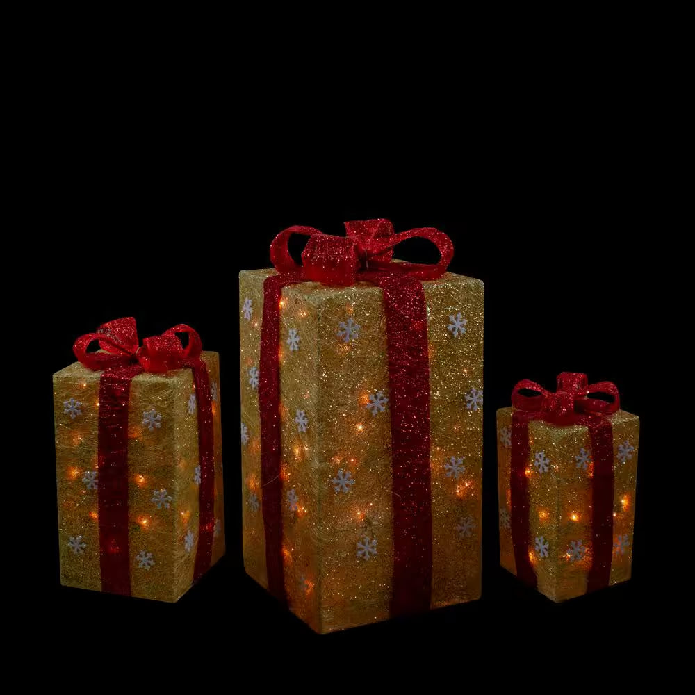 18 In. Christmas Outdoor Decorations Lighted Tall Gold Sisal Gift Boxes (3-Pack)
