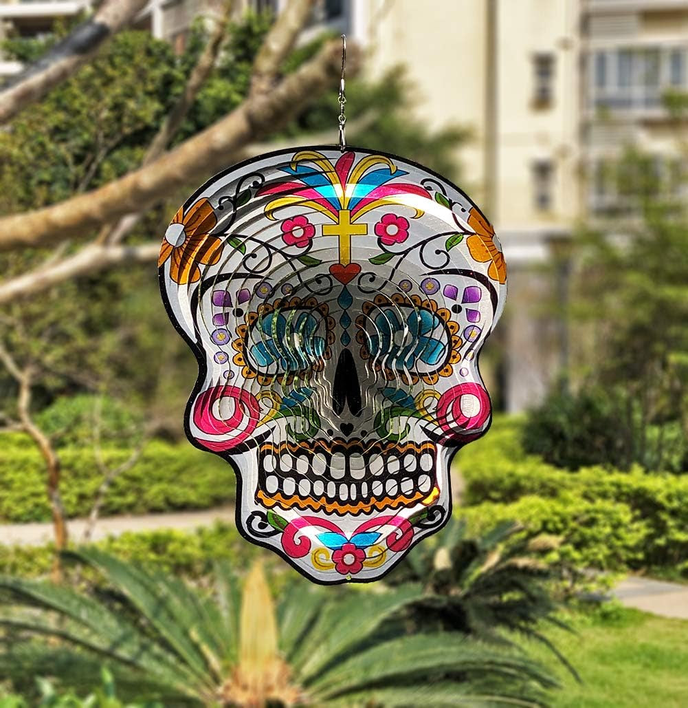 Kinetic 3D Metal Garden Wind Spinner Unique Gifts Outdoor Decorations Quality Hanging Ornament for Home and Garden 12Inch Mandala Silver Sugar Skull Wind Spinners