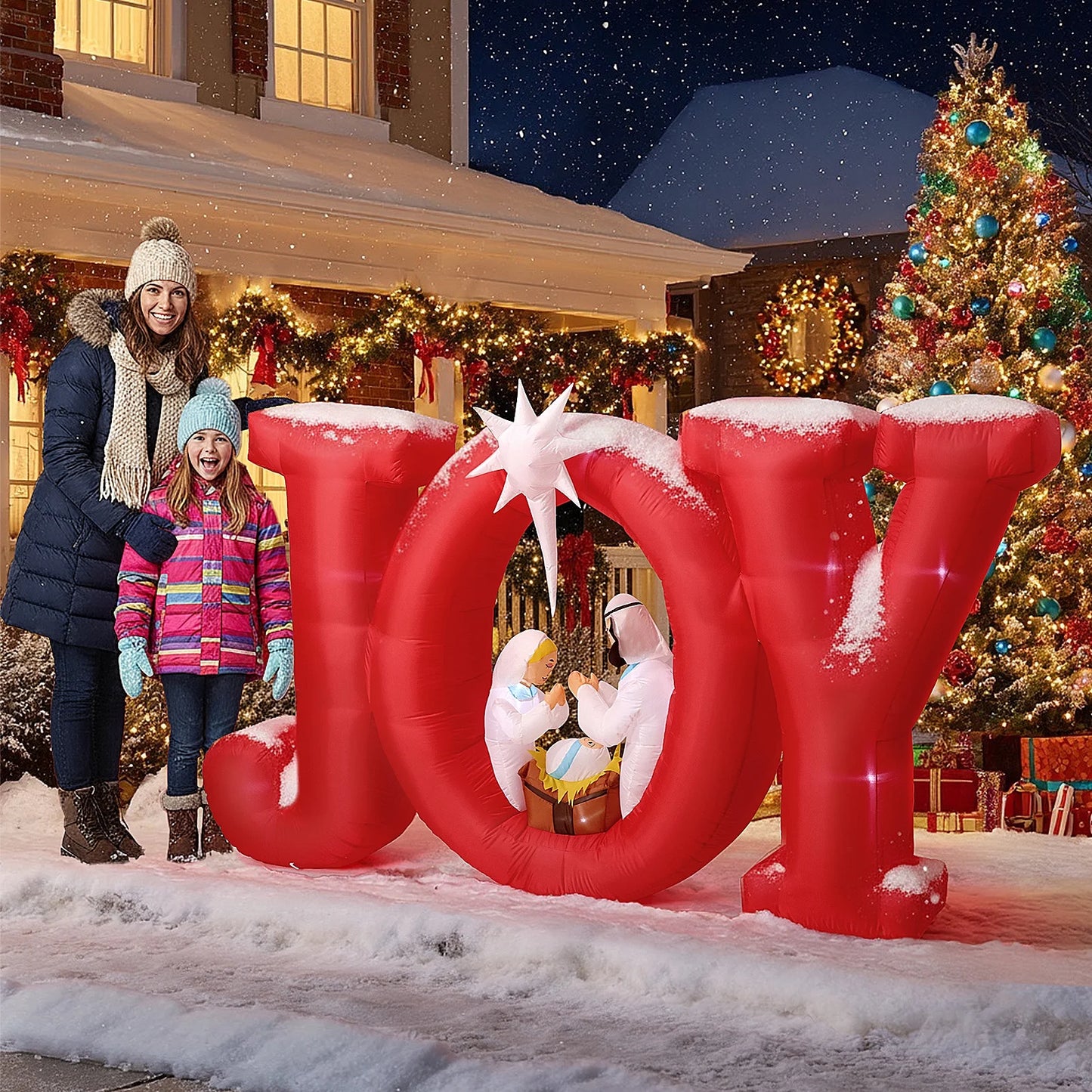 8FT Inflatables Christmas Outdoor Decoration, Joy Christmas Nativity Decoration with LED, Christmas Blow up Yard Decorations- Red/White