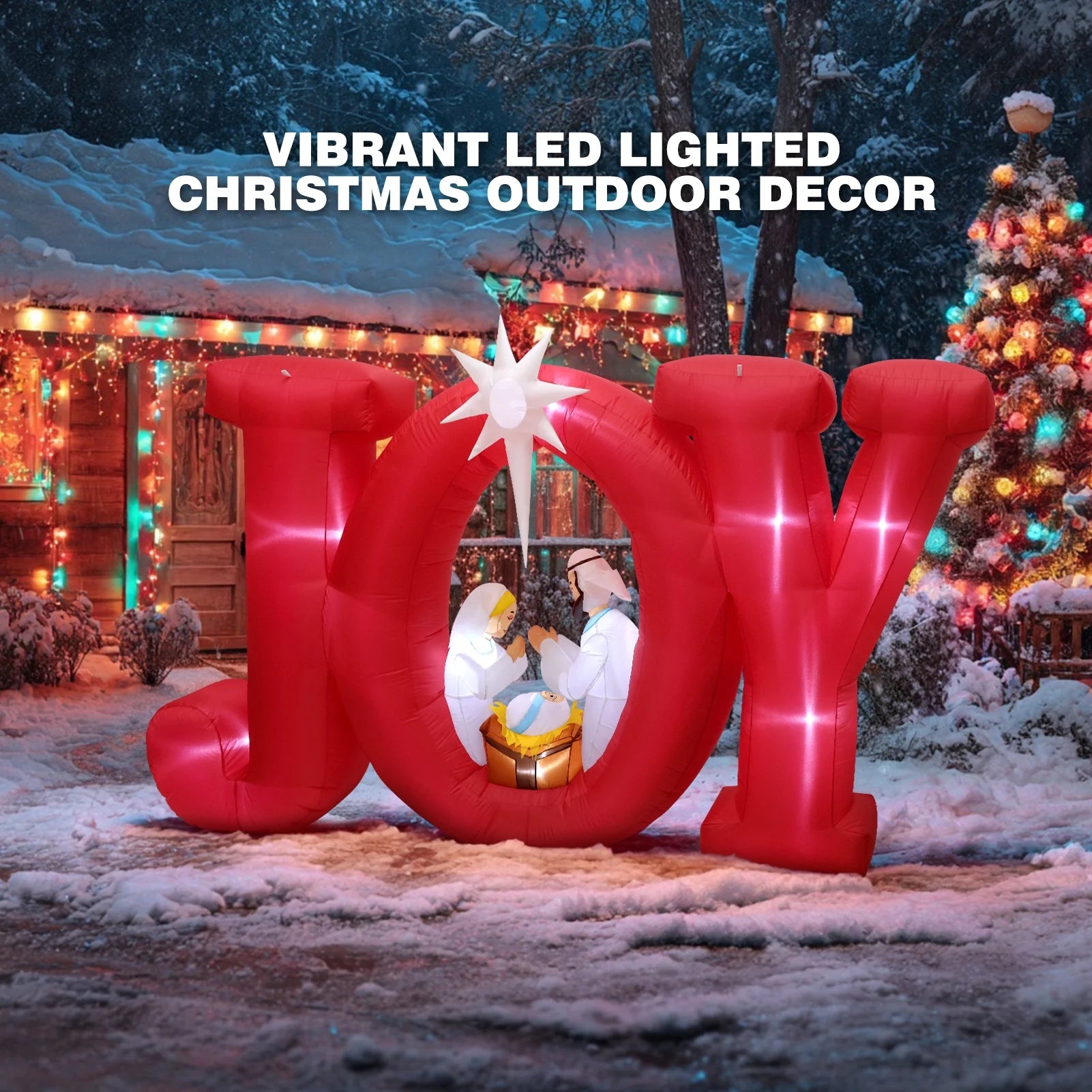 8FT Inflatables Christmas Outdoor Decoration, Joy Christmas Nativity Decoration with LED, Christmas Blow up Yard Decorations- Red/White