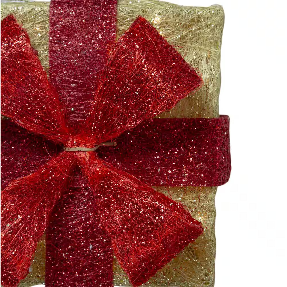 18 In. Christmas Outdoor Decorations Lighted Tall Gold Sisal Gift Boxes (3-Pack)