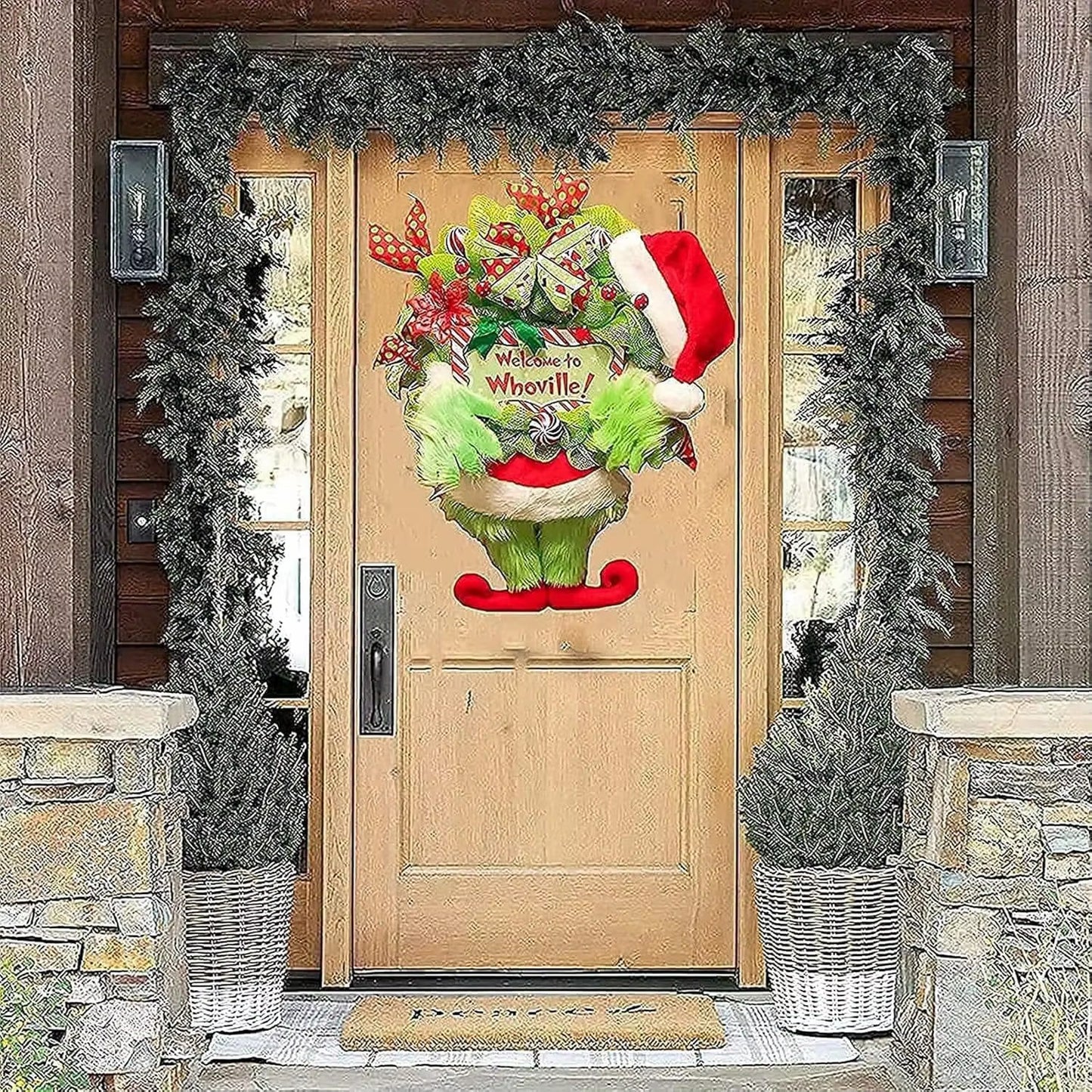 Christmas Thief Wreath Front Door Green Elf Legs Christmas Wreath Pendant Welcome Sign Home Decor Indoor Outdoor