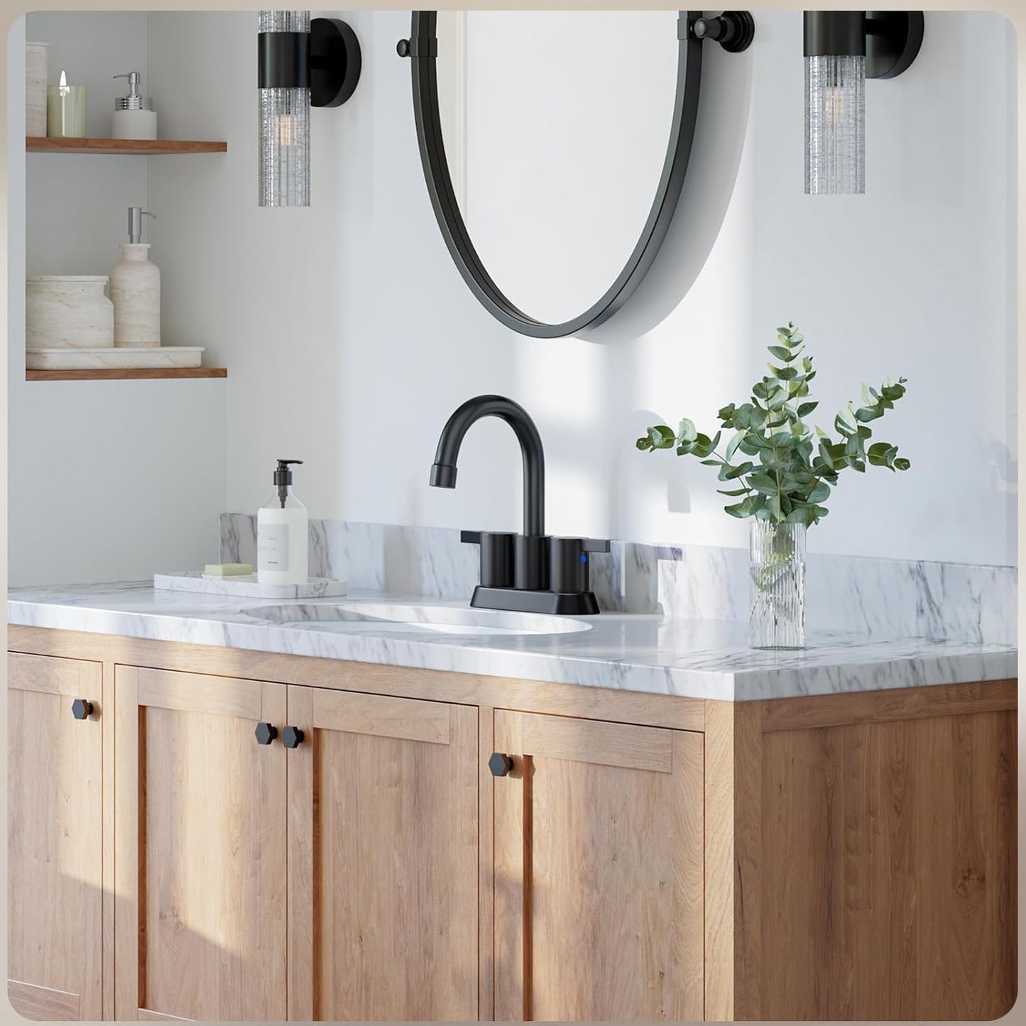 4-Inch Matte Black Lead-Free Modern Bathroom Faucet with 360-Degree Swivel Spout, Two Handles, Pop-Up Drain, and Water Supply Lines for 2-3 Hole RV Bathroom Vanity Sink, Model BF015-1-MB