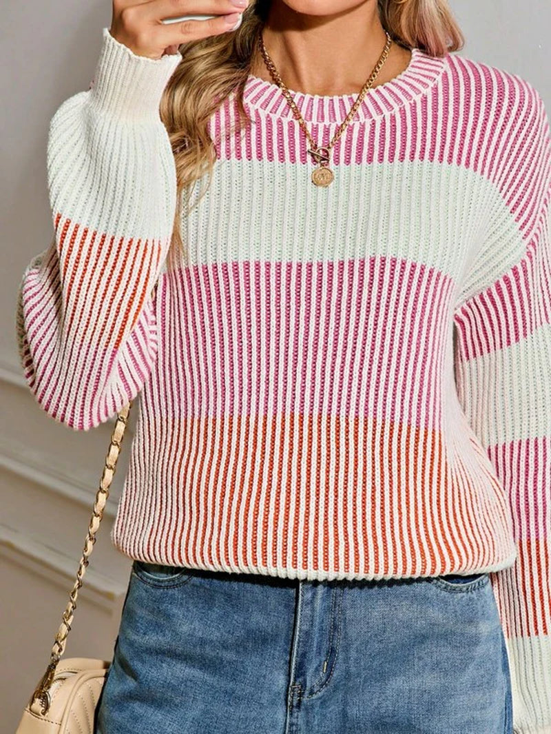 Cotton Color Block Lantern Rib Knitted Sweater