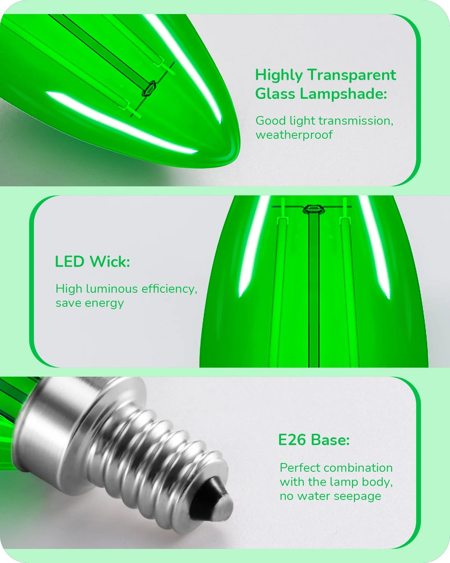 6 Pack Green Christams LED Light Bulb, 5W (60W Equivalent), E12 Base Light Bulb for Party, Holiday, Porch