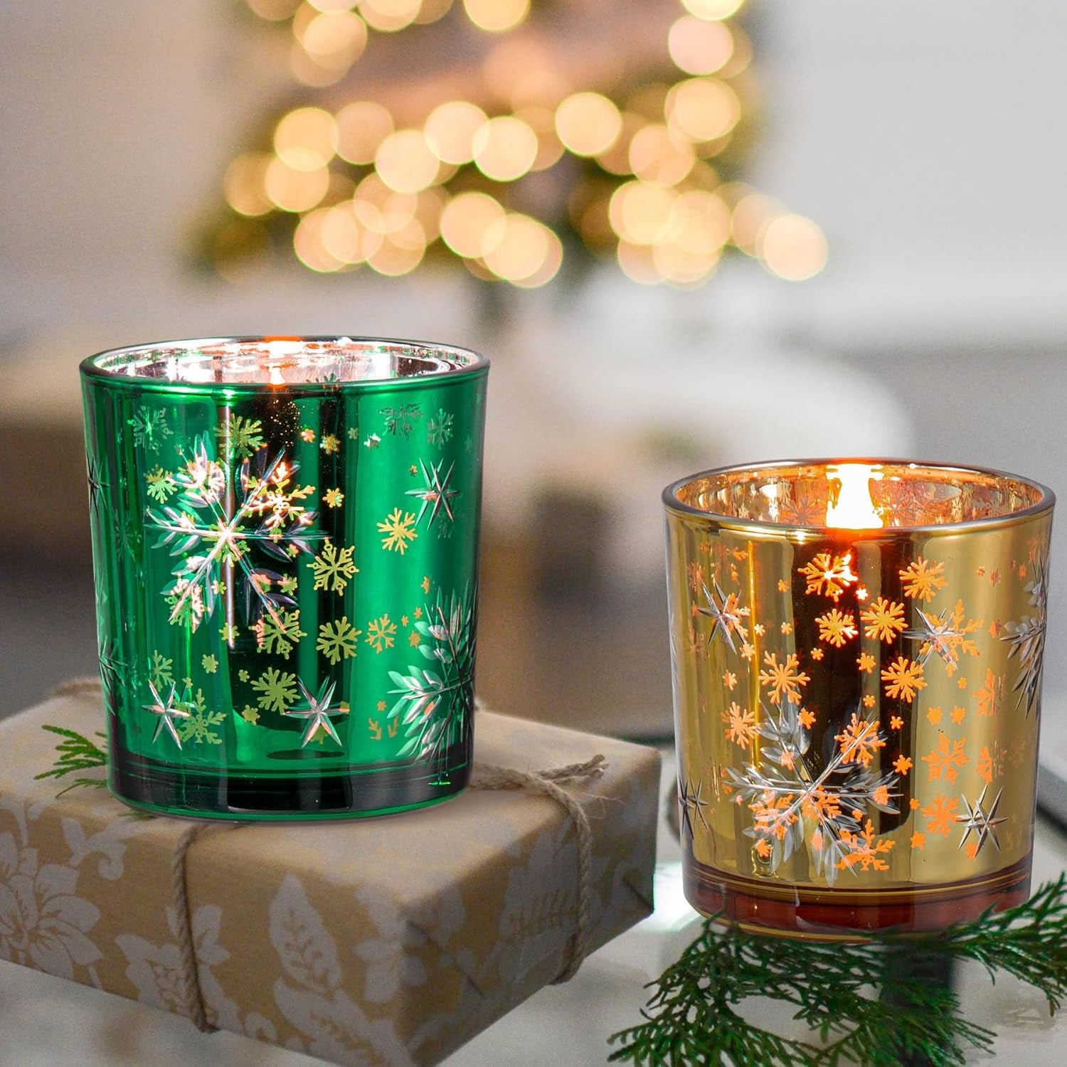 Christmas Candle Holder,Mercury Glass Tealight Votives Set of 6,Christmas Decorations Indoor,Snowflake Carving Tea Lights Centerpieces Table Decor