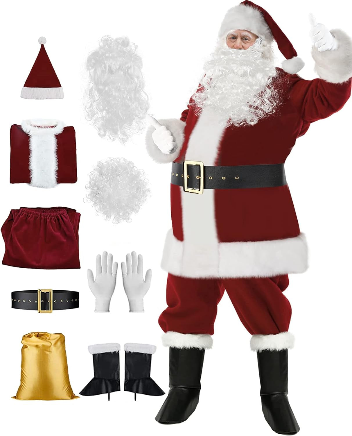 Santa Claus Costume Christmas Santa Suit Adults Men'S Costume Deluxe Plush Santa Outfit Burgundy
