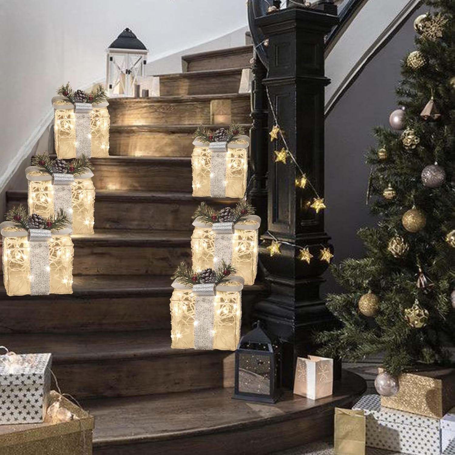 Christmas Lighted Gift Boxes, Set of 3 White Gift Box with 48 Warm White Lights, Outdoor Decorations Plug in for Yard Lawn Porch Holiday