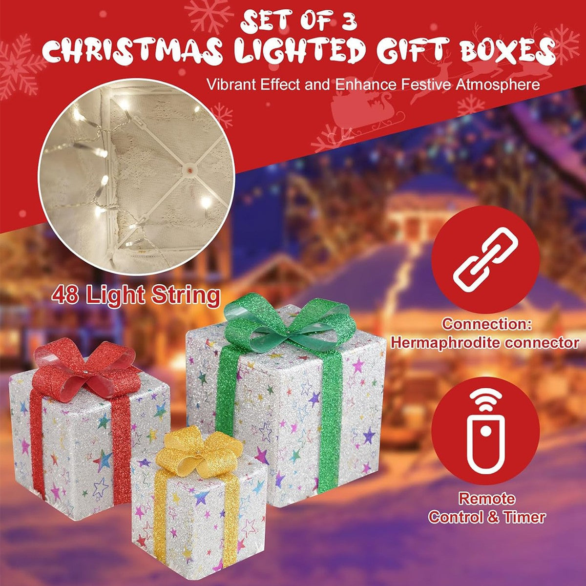 Set of 3 Christmas Lighted Gift Boxes, Pre-Lit 48 LED Light up Present Boxes Orn