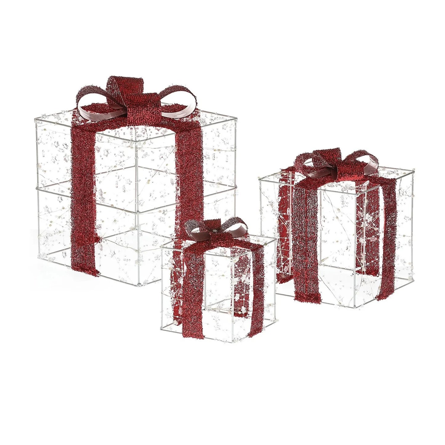 Lighted Christmas Holiday Presents Decoration with Remote (Set of 3) - Red - 12.6" H X 9.84" W X 9.84" D