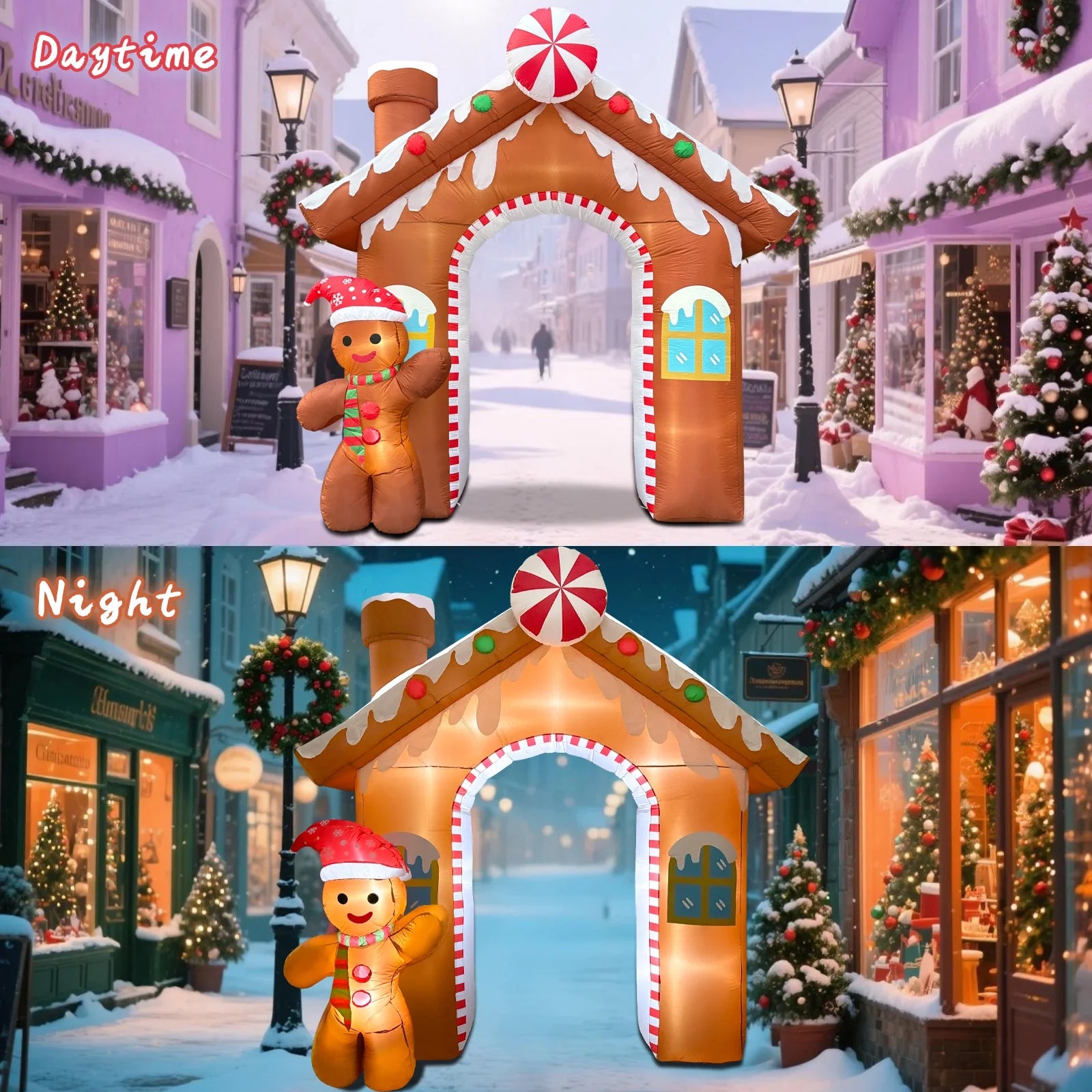 10FT Christmas Inflatables Gingerbread House Archway, Blow up Christmas Inflatables Archway with Gingerbread Man Outdoor Decorations with Build-In LED Lights for Garden Lawn Porch Holiday Party Decor