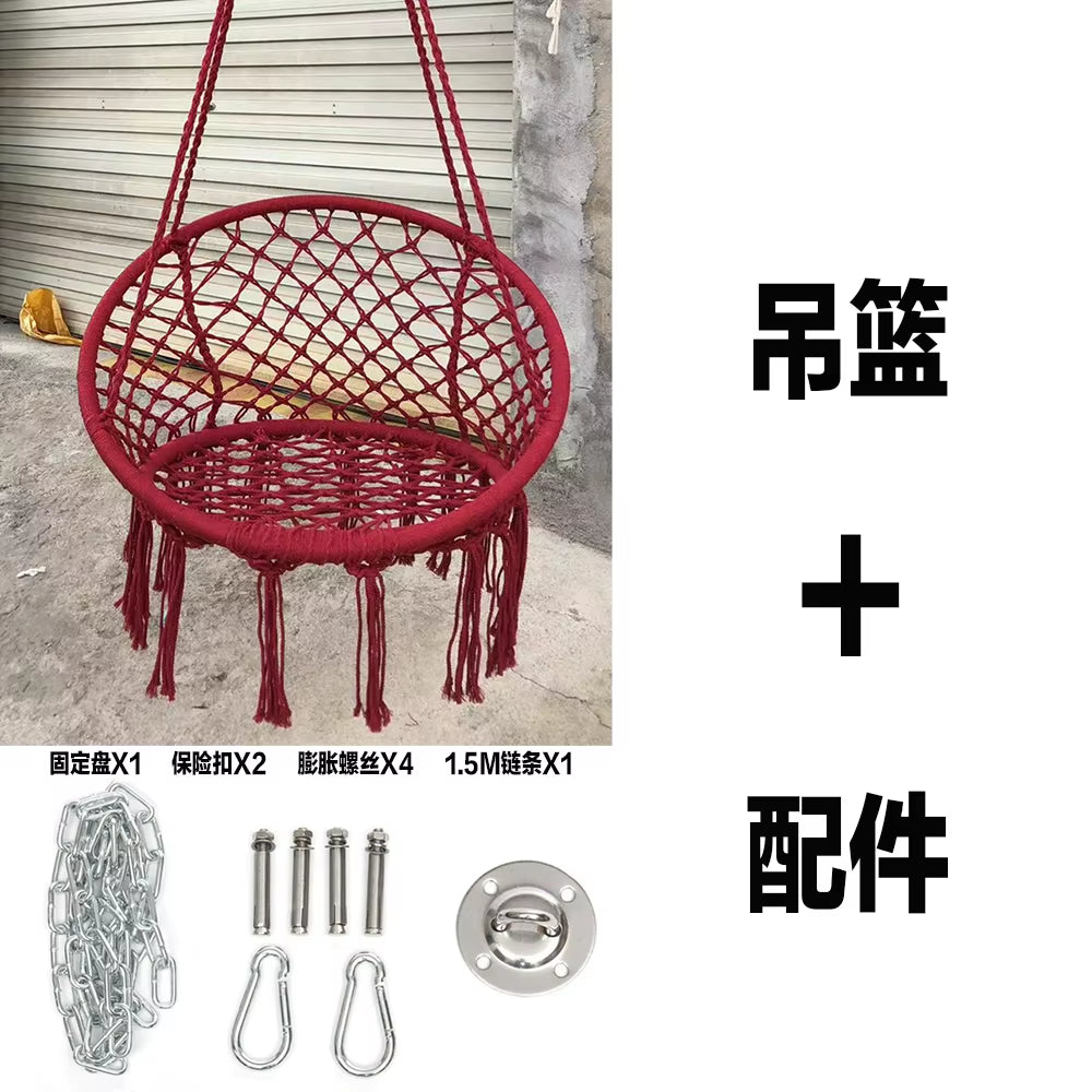 Nordic Style Hanging Basket- Handmade Cotton Rope Swing Chair, Balcony Relaxation Cradle- Boho Indoor Fringe Hanging Chair