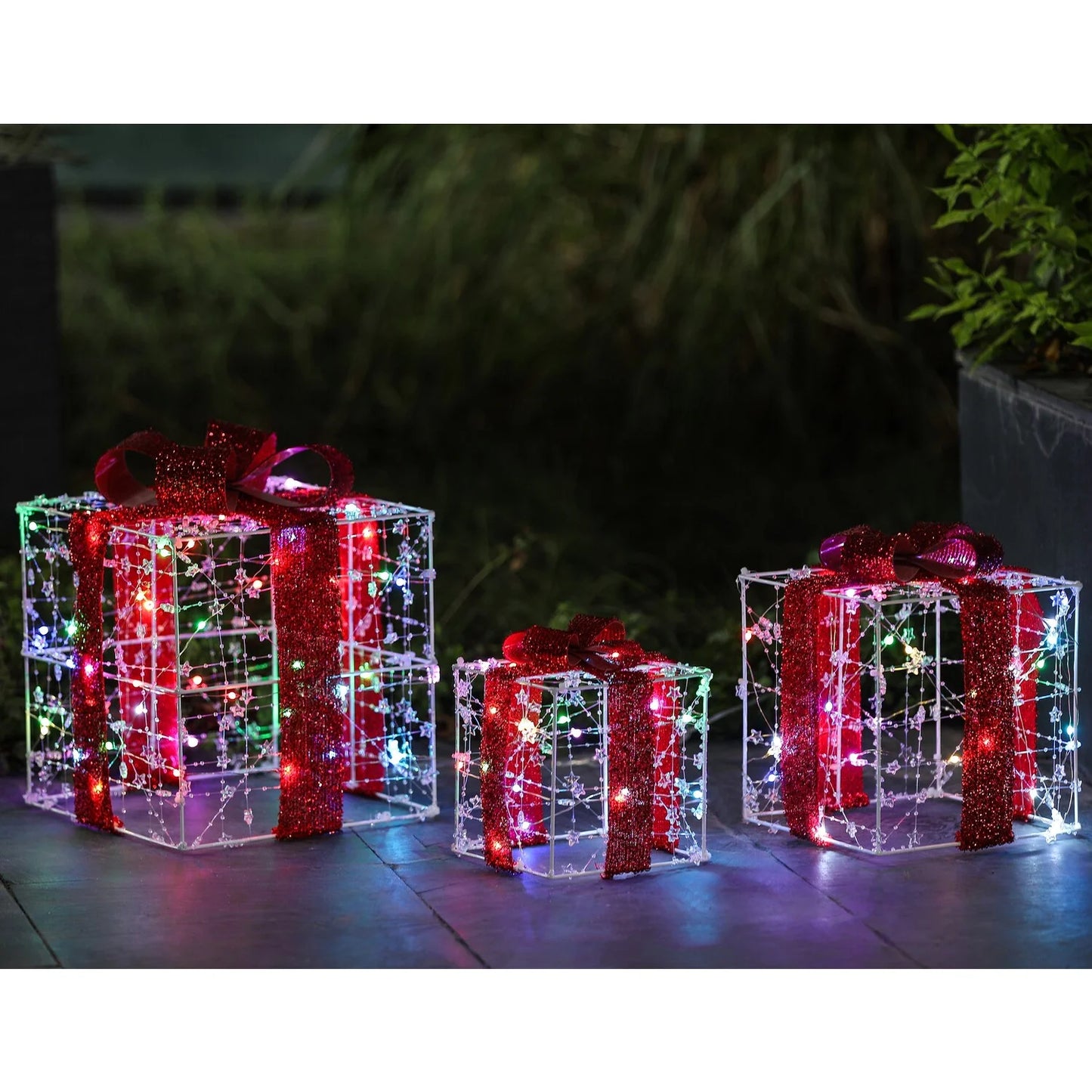 Lighted Christmas Holiday Presents Decoration with Remote (Set of 3) - Red - 12.6" H X 9.84" W X 9.84" D