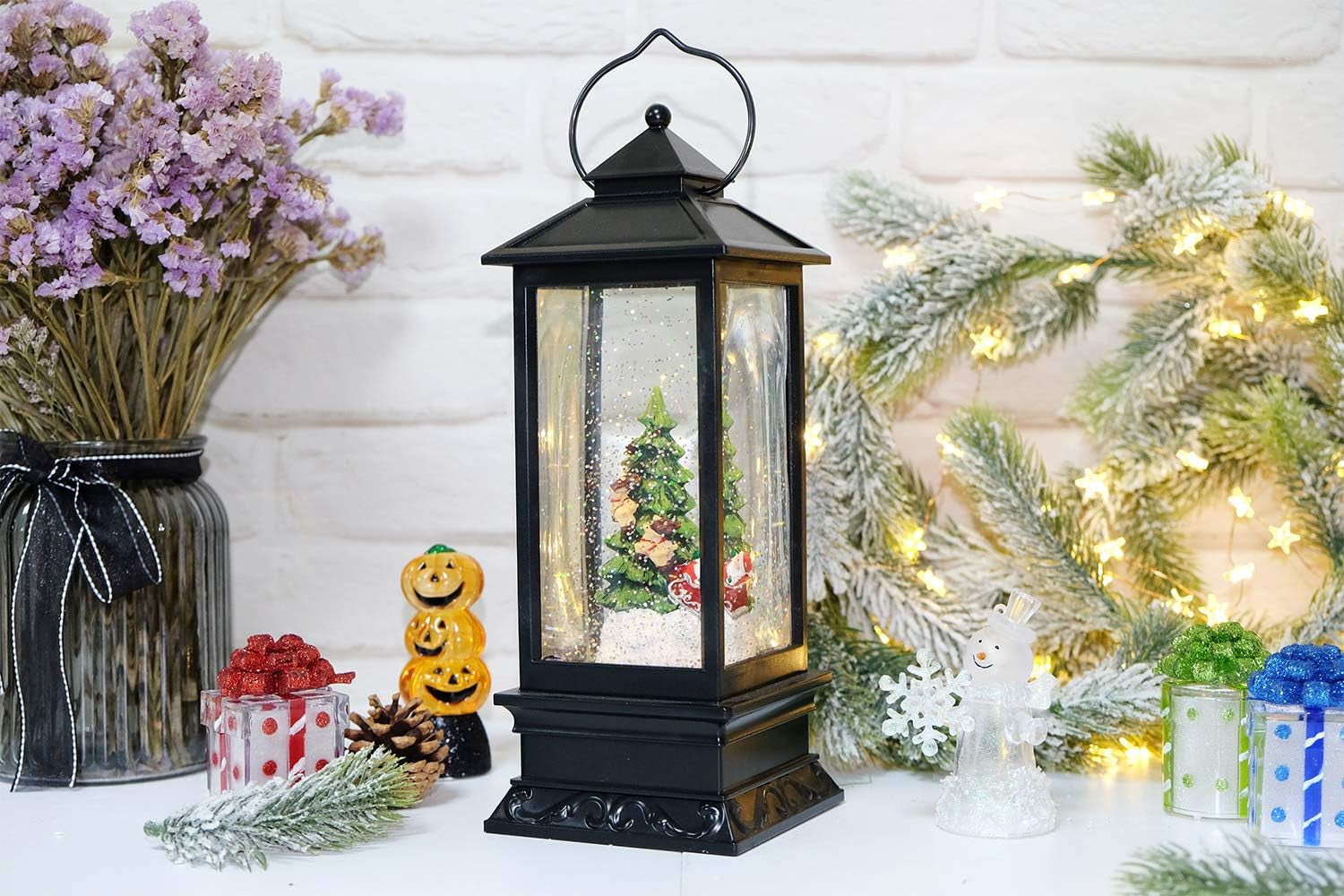 Lighted Musical Snow Globe Lantern with 6 Hour Timer, 12 Inches USB Powered & Battery Operated Spinning Water and Swirling Glitter Christmas Snow Globe Lantern Gifts(Santa and Tree)