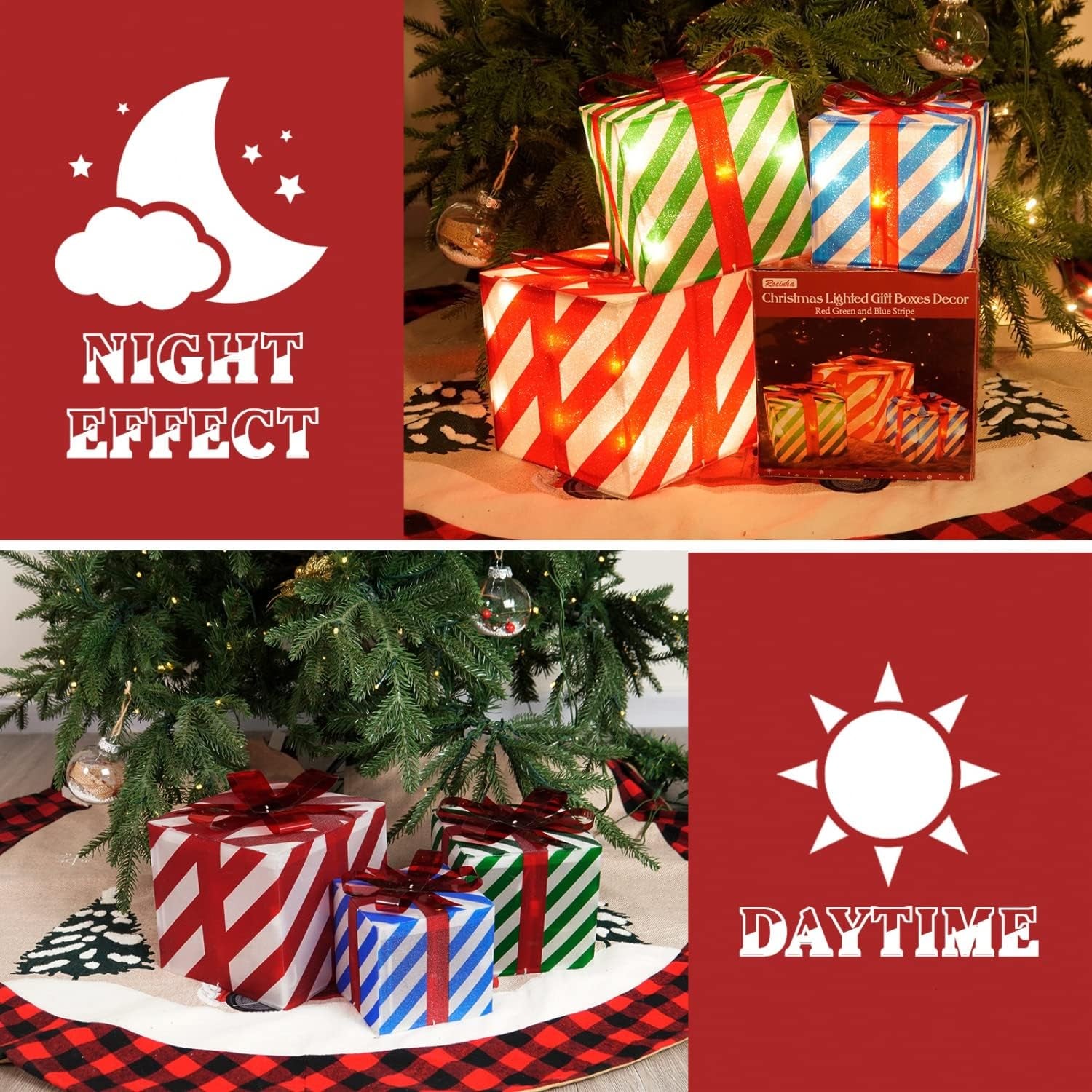 Set of 3 Lighted Gift Boxes Christmas Box Decorations, Red Green and Blue Lit Present Boxes the Best Christmas Yard & Home Décor (50 Lights)