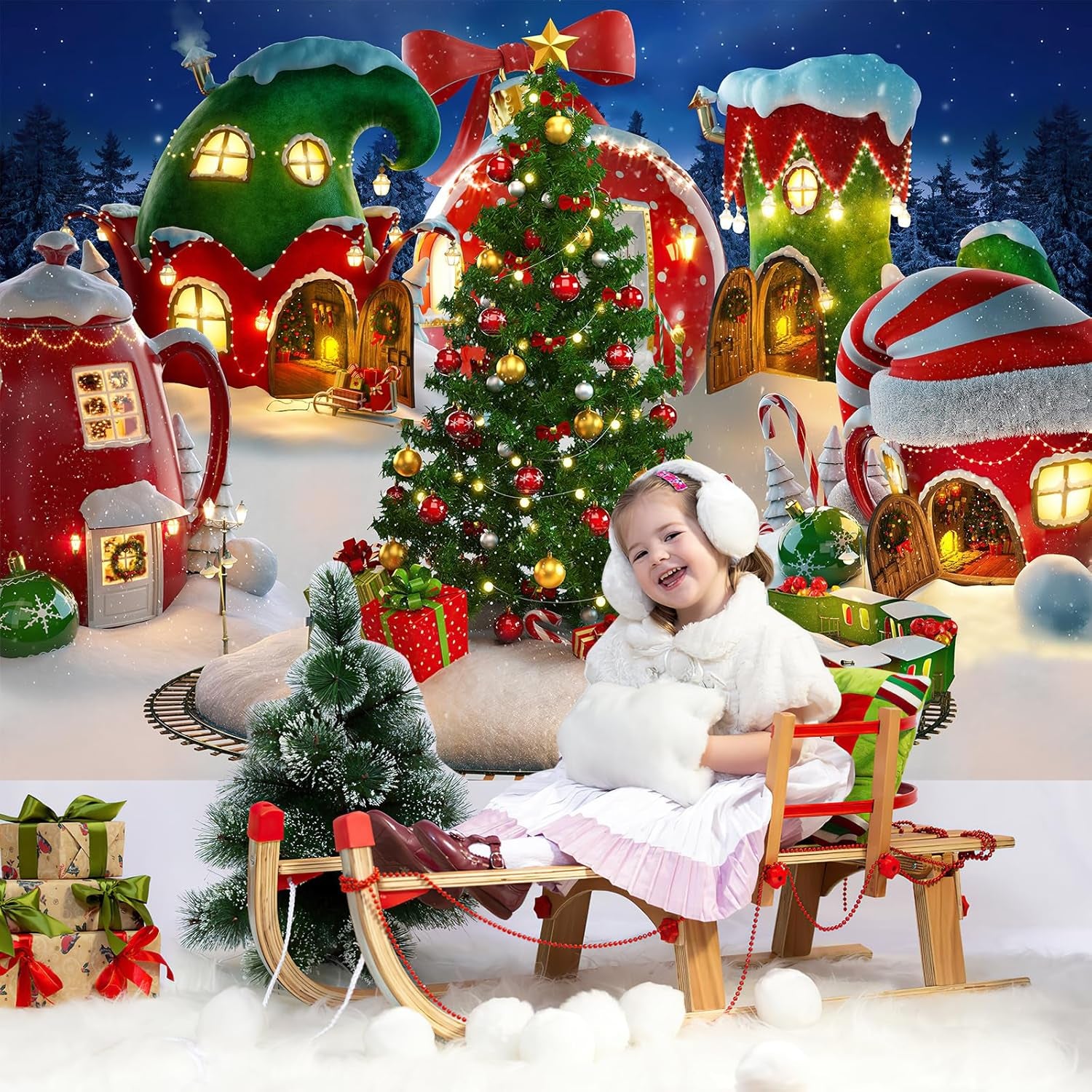 Cartoon Christmas Village Photography Backdrop Winter Snow Xmas Tree Background Christmas Fairy Tale Animated Kid Party Backdrops Photo Booth Props (7X5)