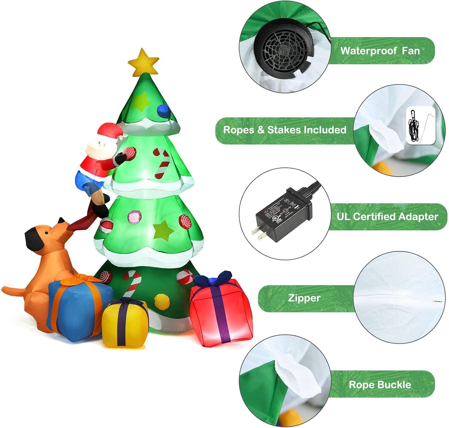 7 Ft Inflatable Christmas Tree with Santa Claus Dog & Gift Boxes, Self Inflating Electric Blow up Lighted Interior with Fan and Anchor Ropes, Indoor Outdoor Garden Yard Family Prop Decoration