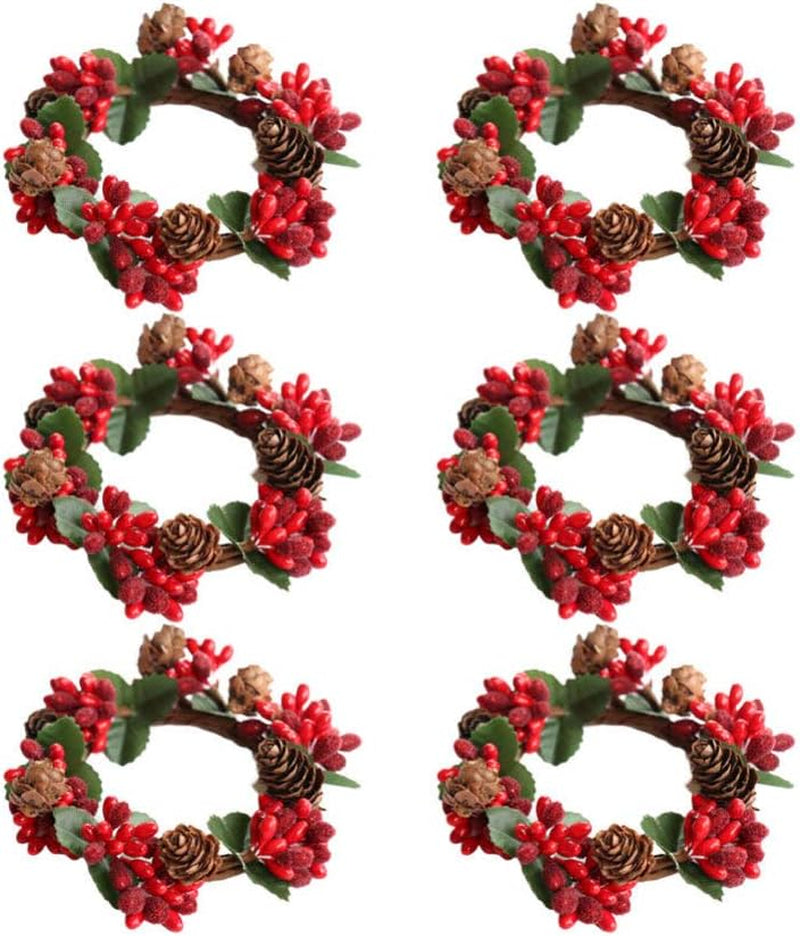 6Pcs Christams Candle Rings Red Berry Candle Rings Wreaths with Pine Cones for Pillars Christams Table Decorations Centerpieces (Red)