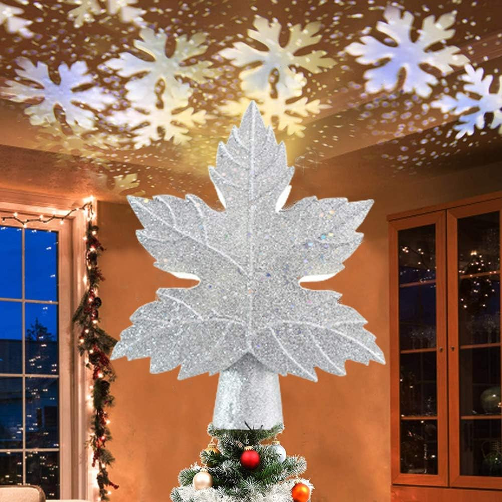 Star Christmas Tree Topper Christmas Tree Topper Lighted with 3D Rotating Snowflake Projector Lights LED Tree Top Projector for Xmas Holiday Home Party(Silver)
