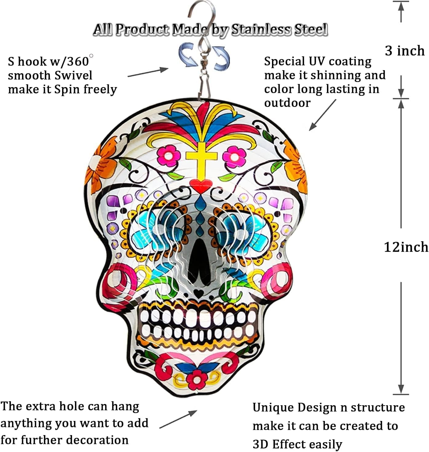 Kinetic 3D Metal Garden Wind Spinner Unique Gifts Outdoor Decorations Quality Hanging Ornament for Home and Garden 12Inch Mandala Silver Sugar Skull Wind Spinners