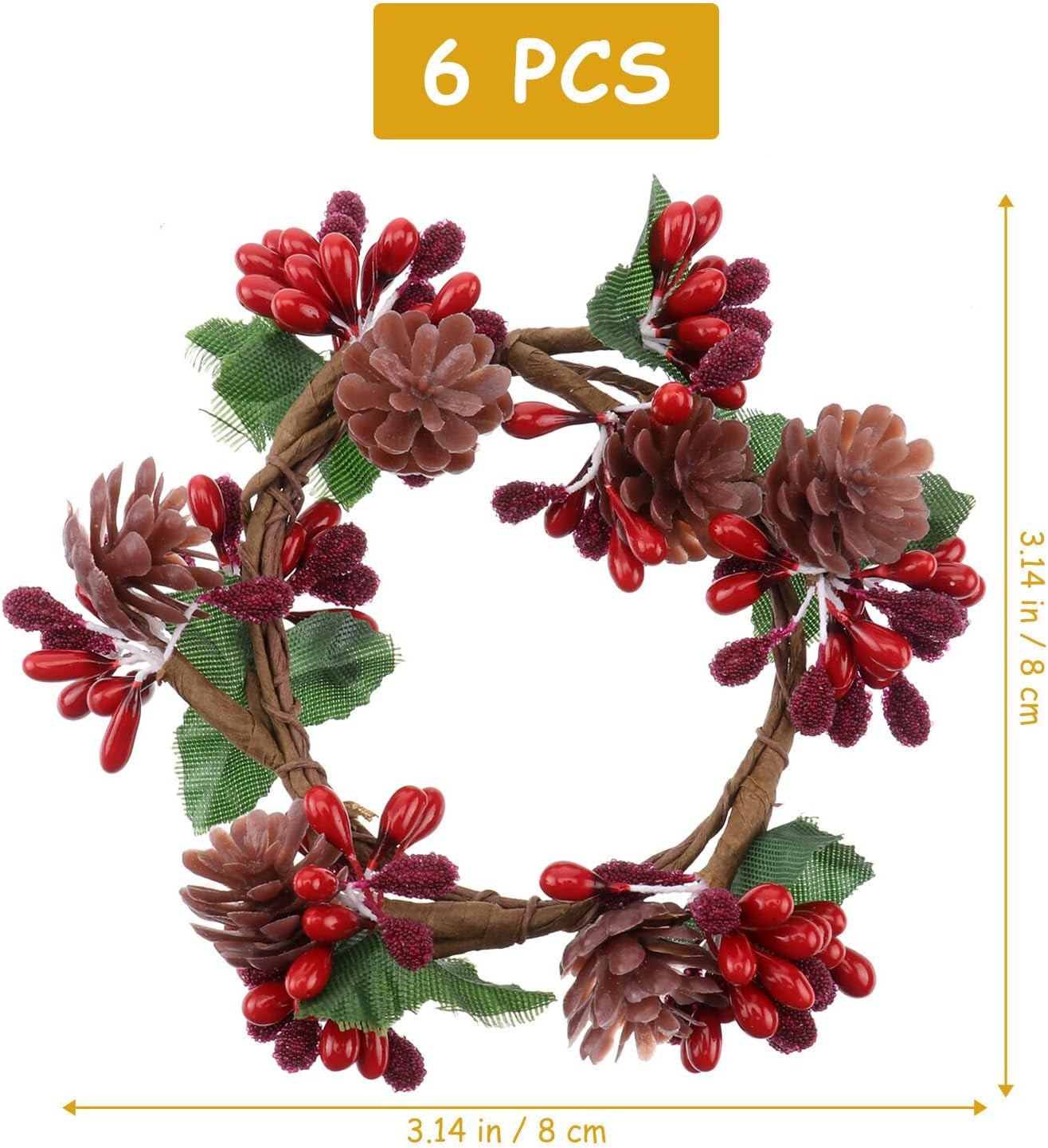 6Pcs Christams Candle Rings Red Berry Candle Rings Wreaths with Pine Cones for Pillars Christams Table Decorations Centerpieces (Red)