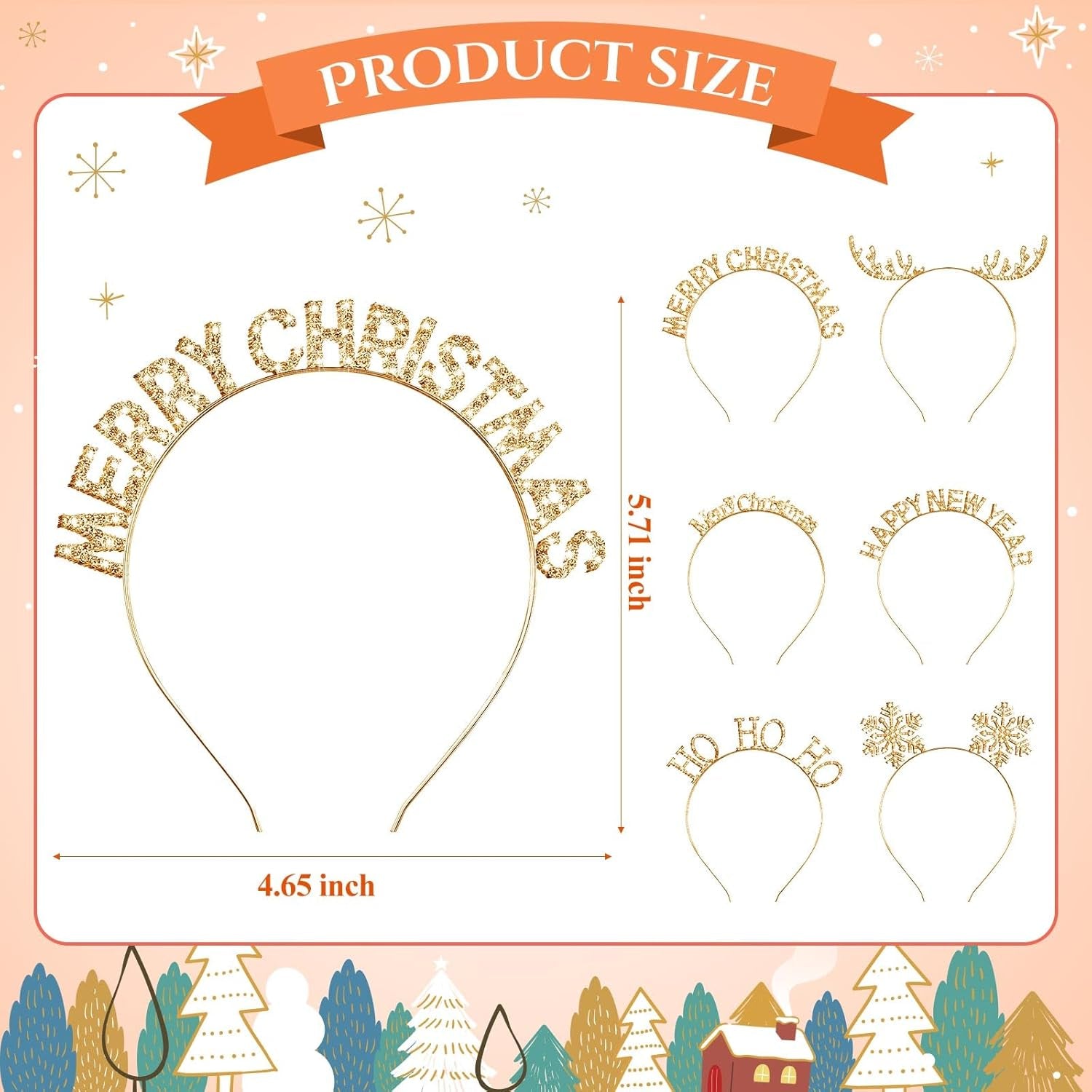 6 Pcs Christmas Headbands Set Rhinestone Xmas Headbands Snowflake Cute Reindeer Antler Hairbands Happy New Year Headband Tiara Crystal Merry Christmas Headpiece Accessories for Women (Gold)