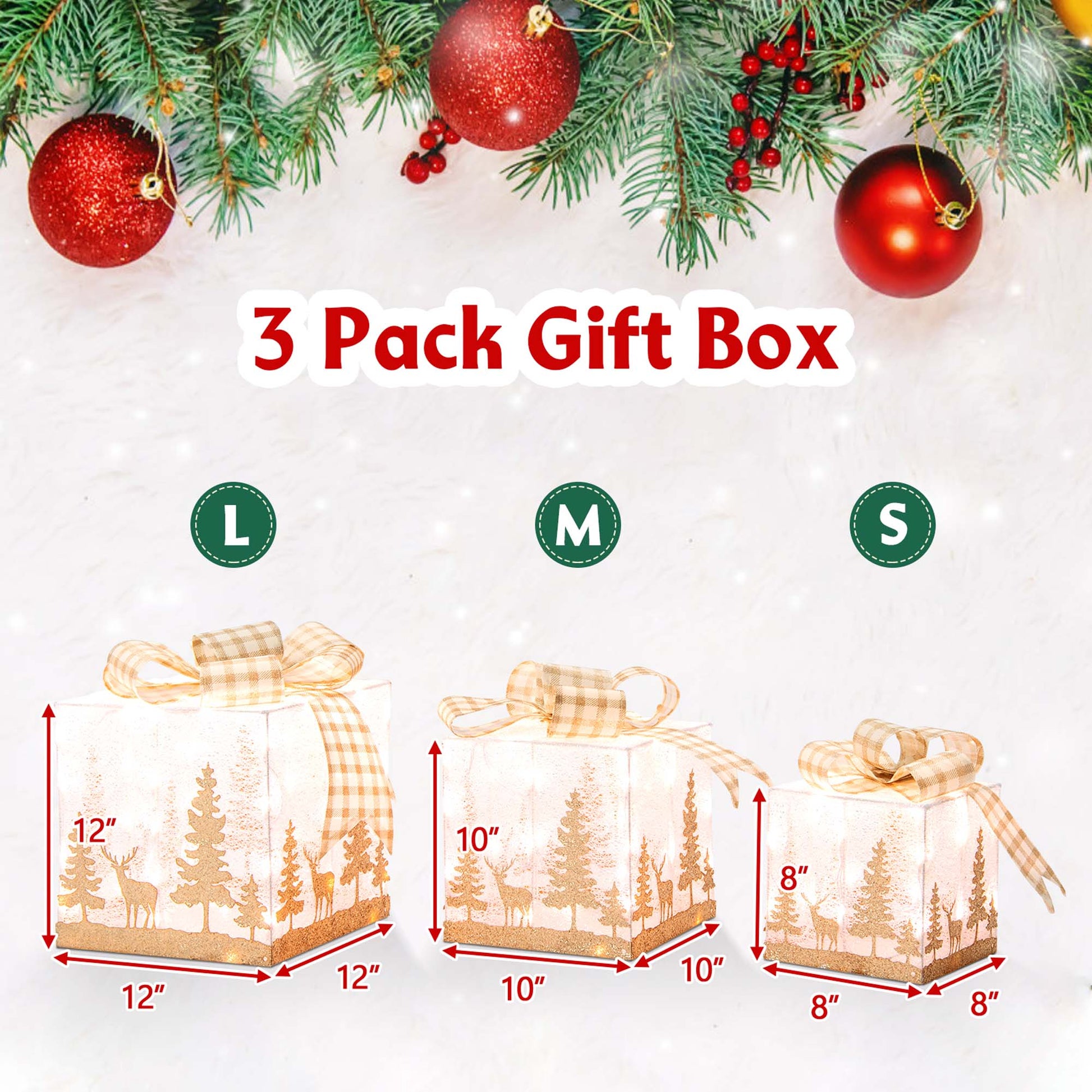 Set of 3 Pre-Lit Christmas Gift Boxes Lighted Present Decoration with 100 Lights