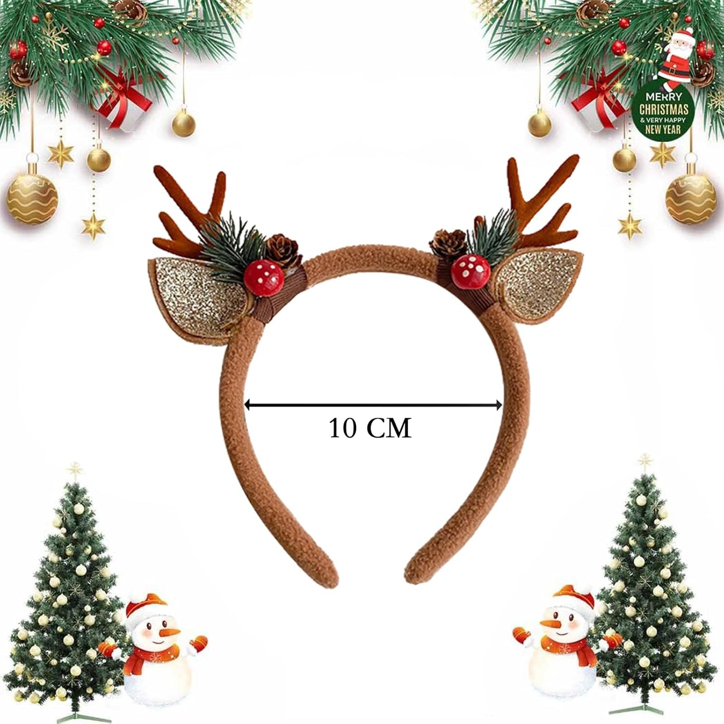 Deer Antler Headband Brown Reindeer Antlers with Mushroom Pine Branches - Christmas Hair Hoop, Deer Ears Animal Fluffy Headpiece Accessories for Christmas Halloween Makeup Party (1 Pcs)