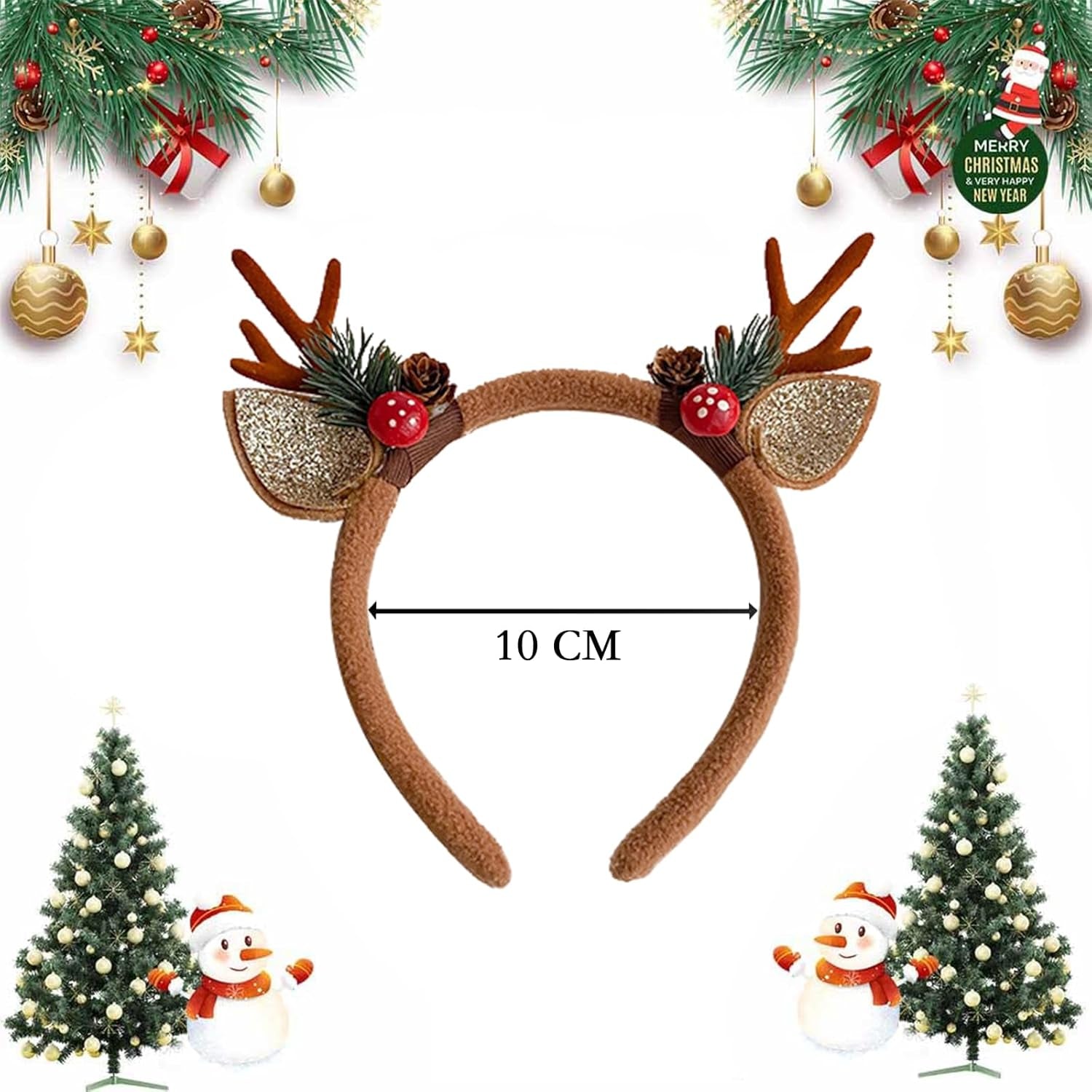 Deer Antler Headband Brown Reindeer Antlers with Mushroom Pine Branches - Christmas Hair Hoop, Deer Ears Animal Fluffy Headpiece Accessories for Christmas Halloween Makeup Party (1 Pcs)