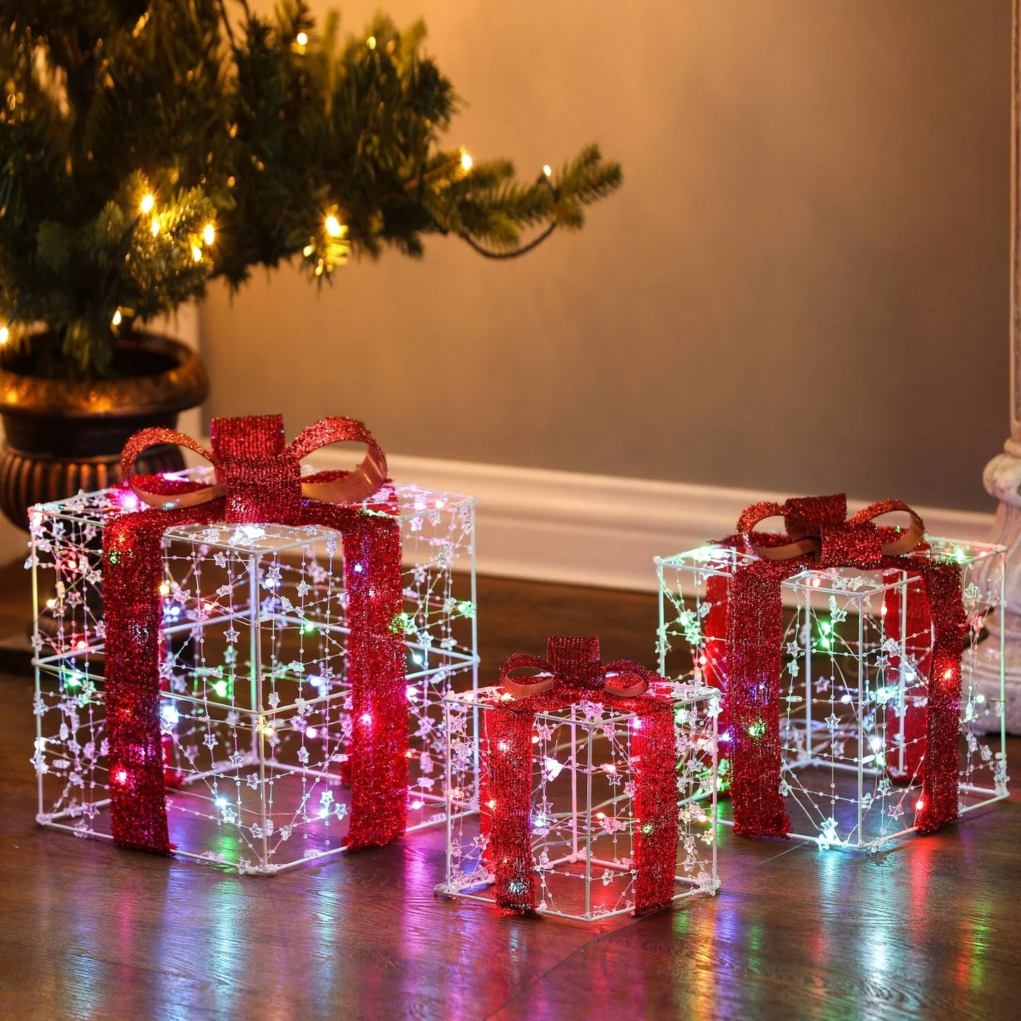 Lighted Christmas Holiday Presents Decoration with Remote (Set of 3) - Red - 12.6" H X 9.84" W X 9.84" D