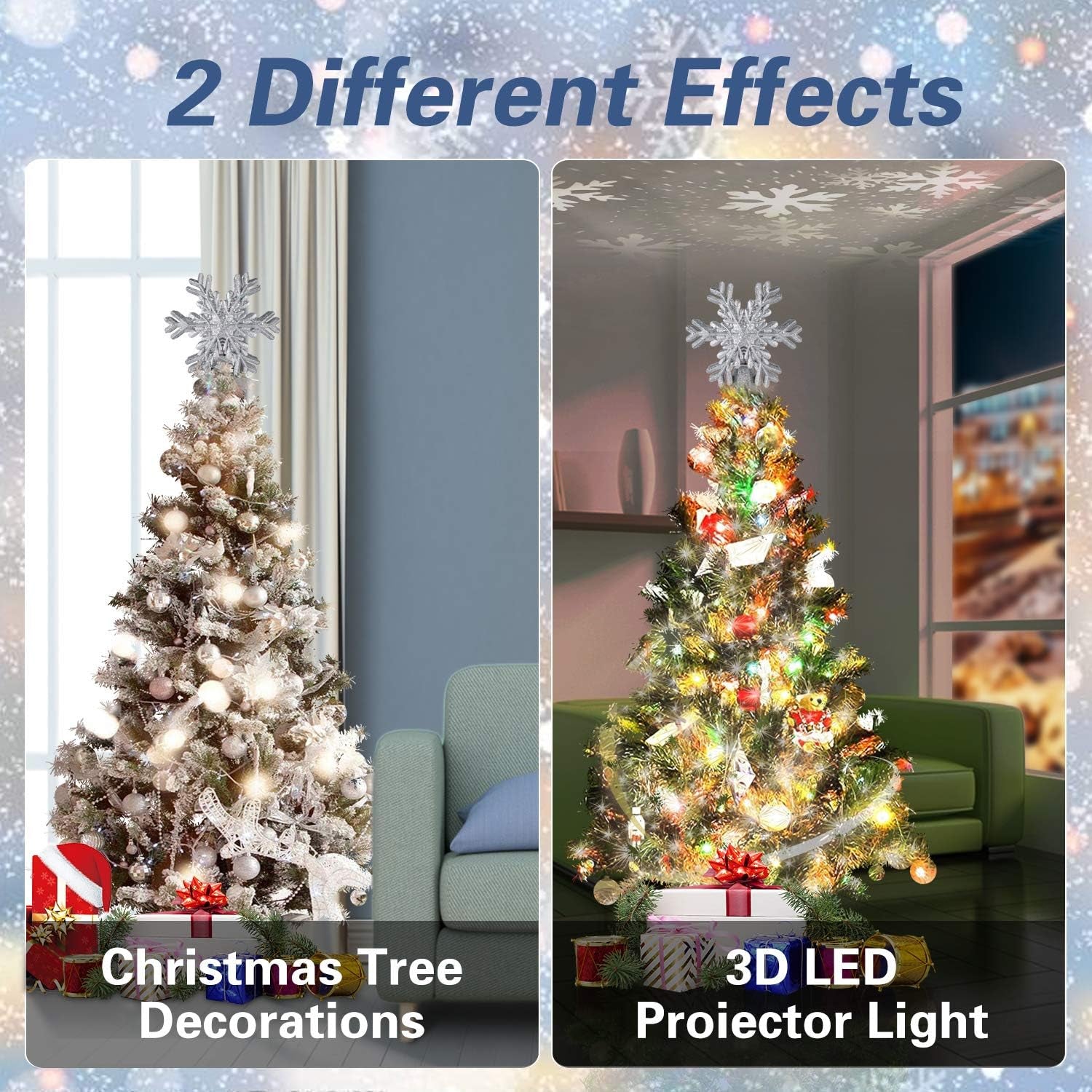 Christmas Tree Topper,  Star Tree Topper Lighted Indoor with Rotating 3D Silver Snowflake LED Projector Hollow Glitter Lighted for Xmas Tree Christmas Decorations Holiday