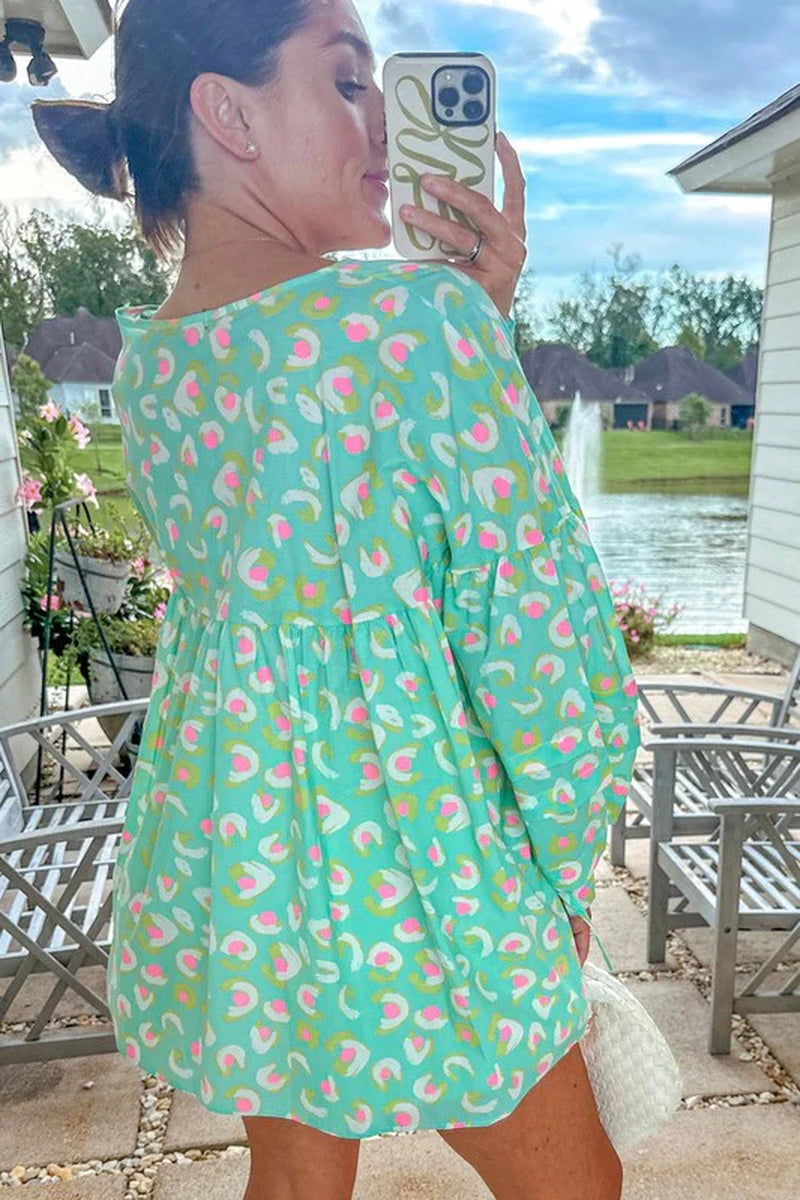 Printed Lace-Up Lantern Sleeve Babydoll Blouse