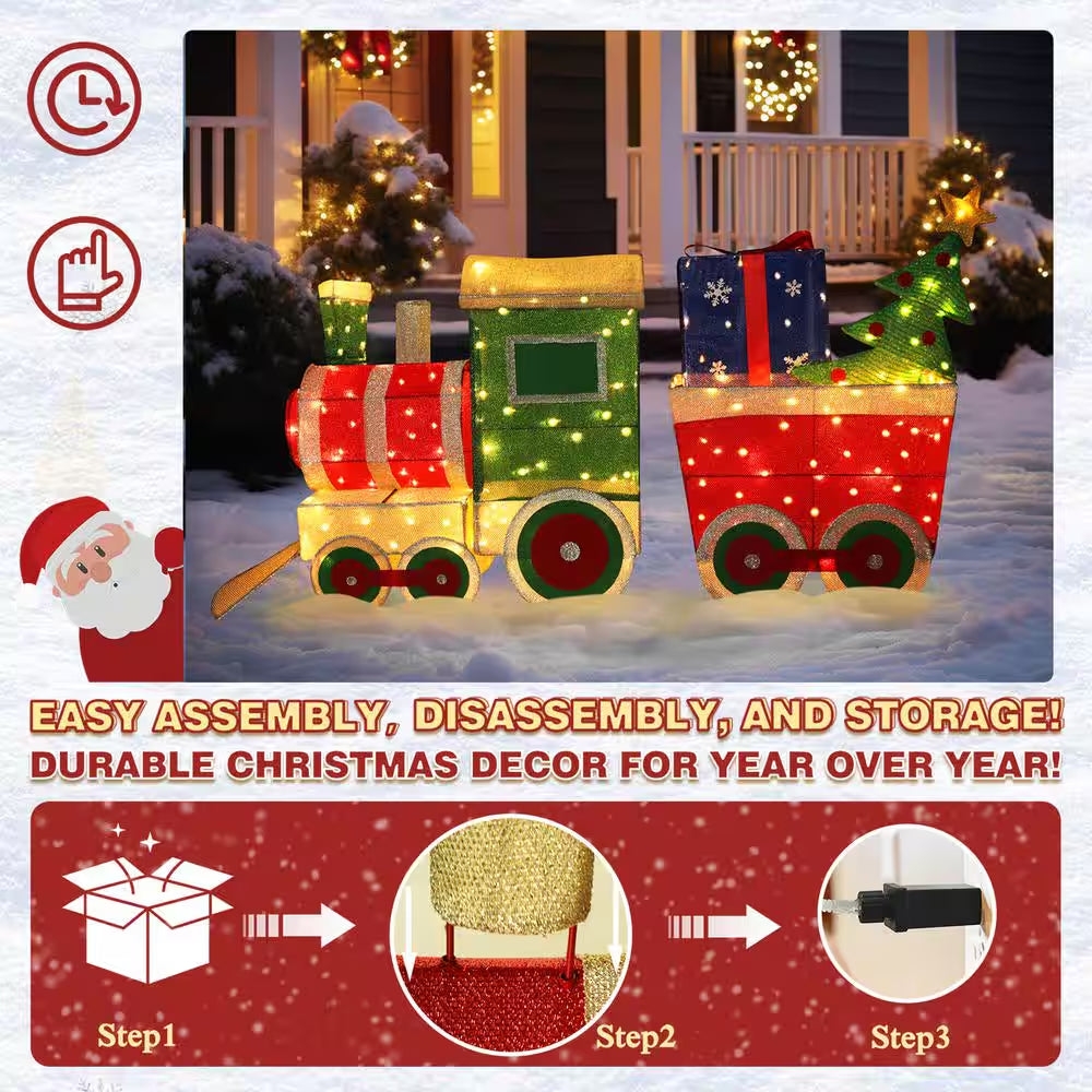 5 Ft. Train Set Outdoor Holiday Yard Decoration Warm White LED with Christmas Tree and Gift Box