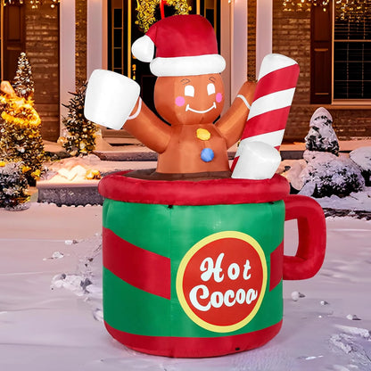 6 Ft Christmas Inflatables Gingerbread Outdoor Decorations,Gingerbread Man in Hot Cocoa Mug Blow Ups with Built-In Leds for Holiday Party Garden Lawn Yard Decor