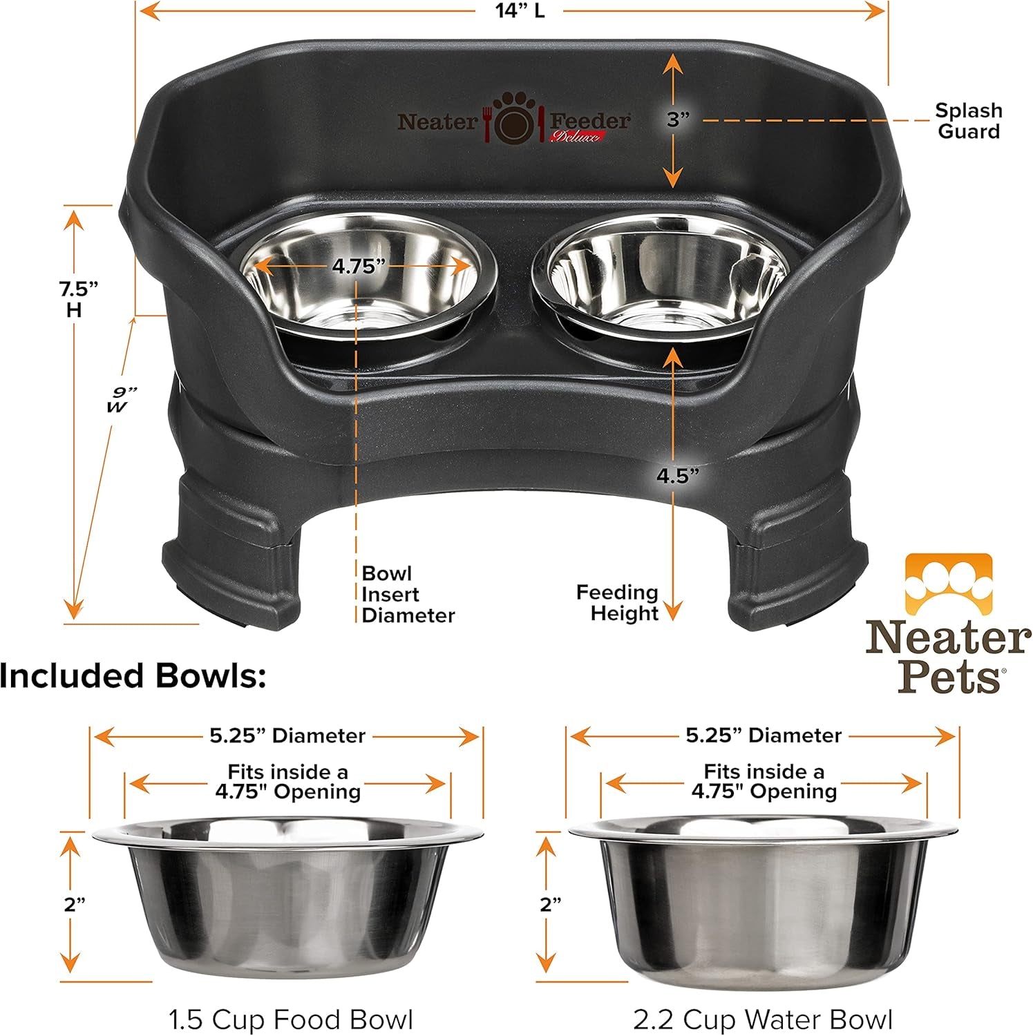 Neater Feeder Deluxe Mess Proof Dog Bowls Elevated for Small Breeds – Made in USA – No Spill Raised Dog Food Bowl Stand W/Leg Extensions – Stainless Steel Dog Food and Water Bowl Set – Black