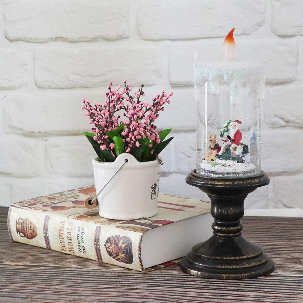 Christmas Snow Globe with Timer, Battery Operated Swirling Water Glittering Lighted Snow Globe Candlestick Thanksgiving Christmas Decoration(Santa)