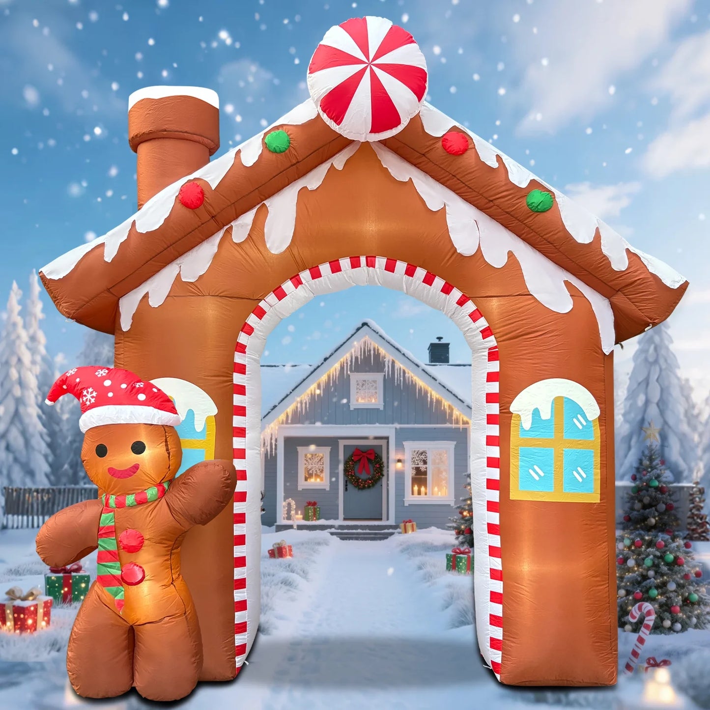 10FT Christmas Inflatables Gingerbread House Archway, Blow up Christmas Inflatables Archway with Gingerbread Man Outdoor Decorations with Build-In LED Lights for Garden Lawn Porch Holiday Party Decor