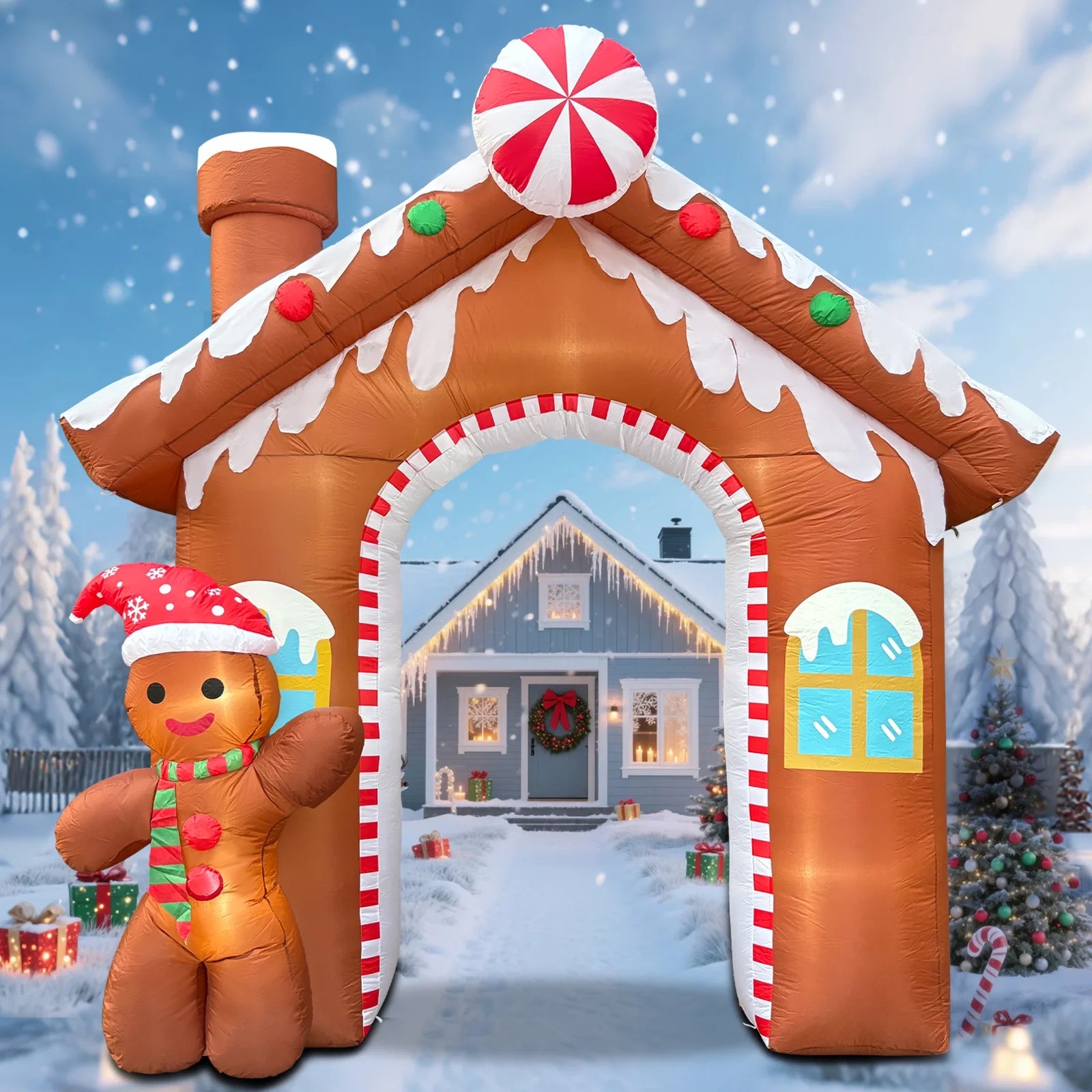 10FT Christmas Inflatables Gingerbread House Archway, Blow up Christmas Inflatables Archway with Gingerbread Man Outdoor Decorations with Build-In LED Lights for Garden Lawn Porch Holiday Party Decor