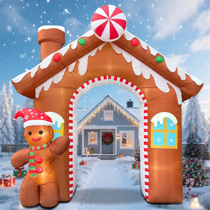 10FT Christmas Inflatables Gingerbread House Archway, Blow up Christmas Inflatables Archway with Gingerbread Man Outdoor Decorations with Build-In LED Lights for Garden Lawn Porch Holiday Party Decor