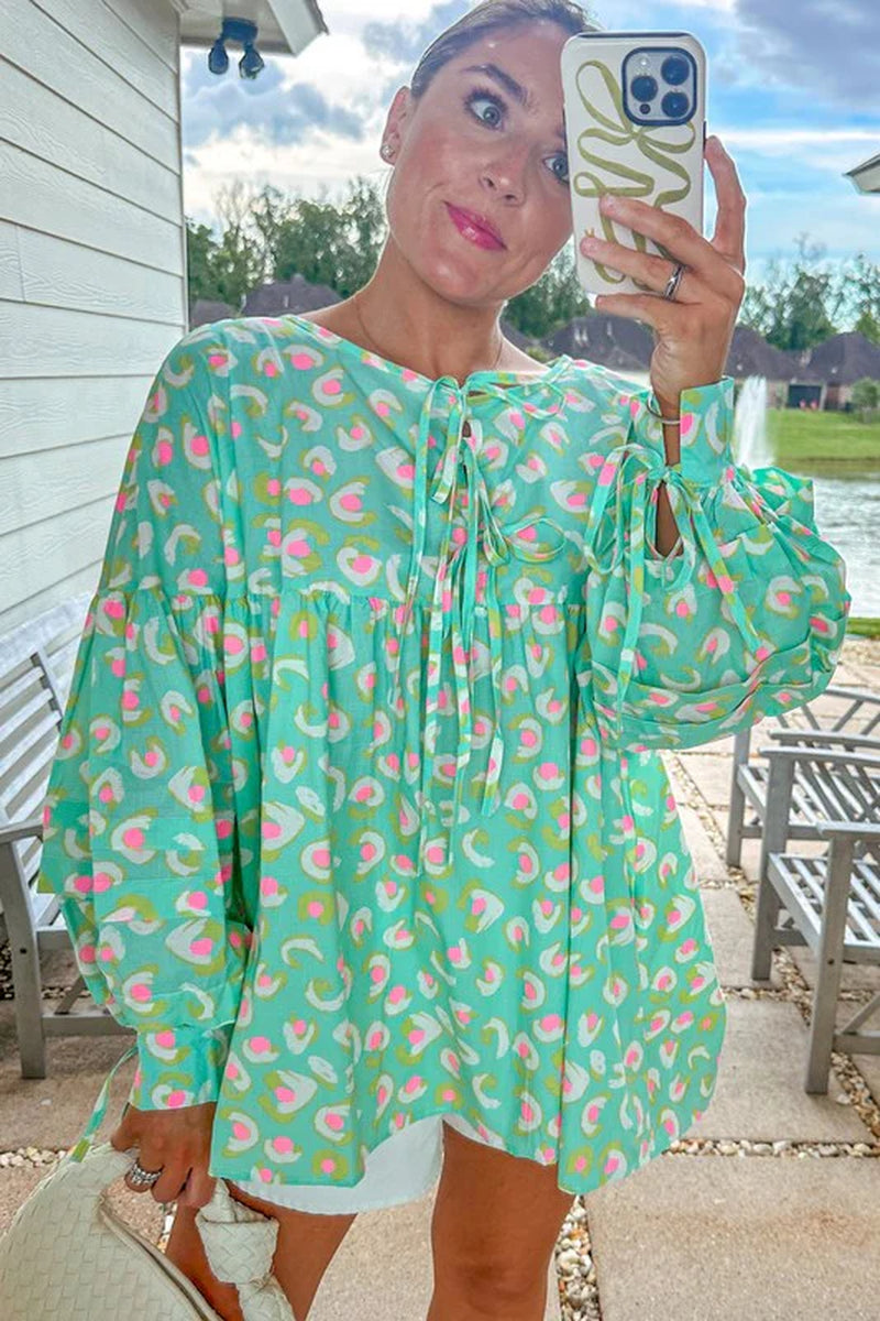 Printed Lace-Up Lantern Sleeve Babydoll Blouse