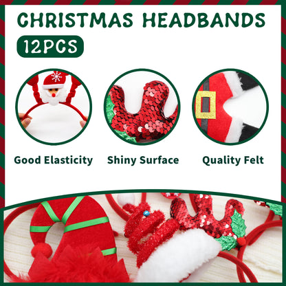 12Pcs Christmas Headbands for Adults Bulk,Christmas Headwear Quality Felt Head Topper for Christmas Parties Favors Supplies,Holiday Headbands,12 Designs Christmas Headband