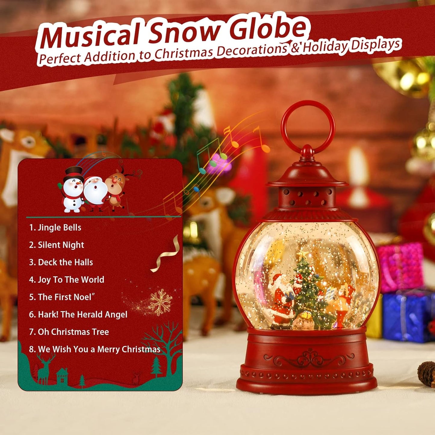 Santa Snow Globe Lighted Christmas Decorations, Musical Christmas Snow Globe Lantern with Swirling Glitter,Christmas Holiday Party Gifts and Decorations