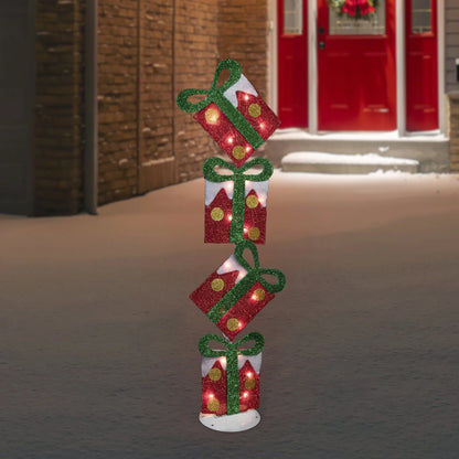 Lighted Tinsel Stacked Gift Boxes Outdoor Christmas Decoration - 44" - Clear Lights