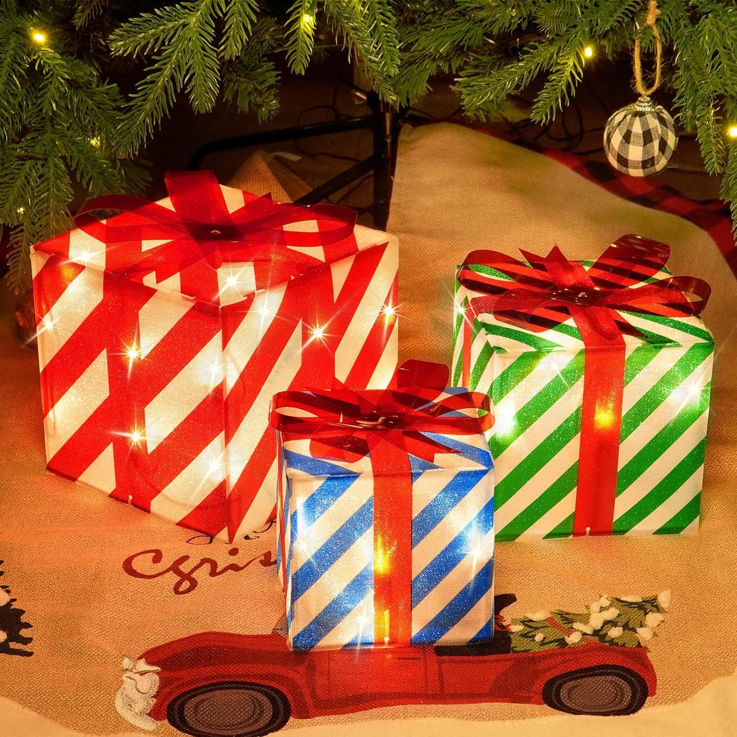 Set of 3 Lighted Gift Boxes Christmas Box Decorations, Red Green and Blue Lit Present Boxes the Best Christmas Yard & Home Décor (50 Lights)