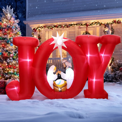 8FT Inflatables Christmas Outdoor Decoration, Joy Christmas Nativity Decoration with LED, Christmas Blow up Yard Decorations- Red/White