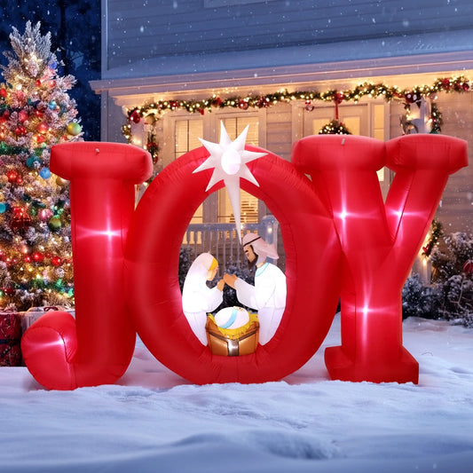 8FT Inflatables Christmas Outdoor Decoration, Joy Christmas Nativity Decoration with LED, Christmas Blow up Yard Decorations- Red/White